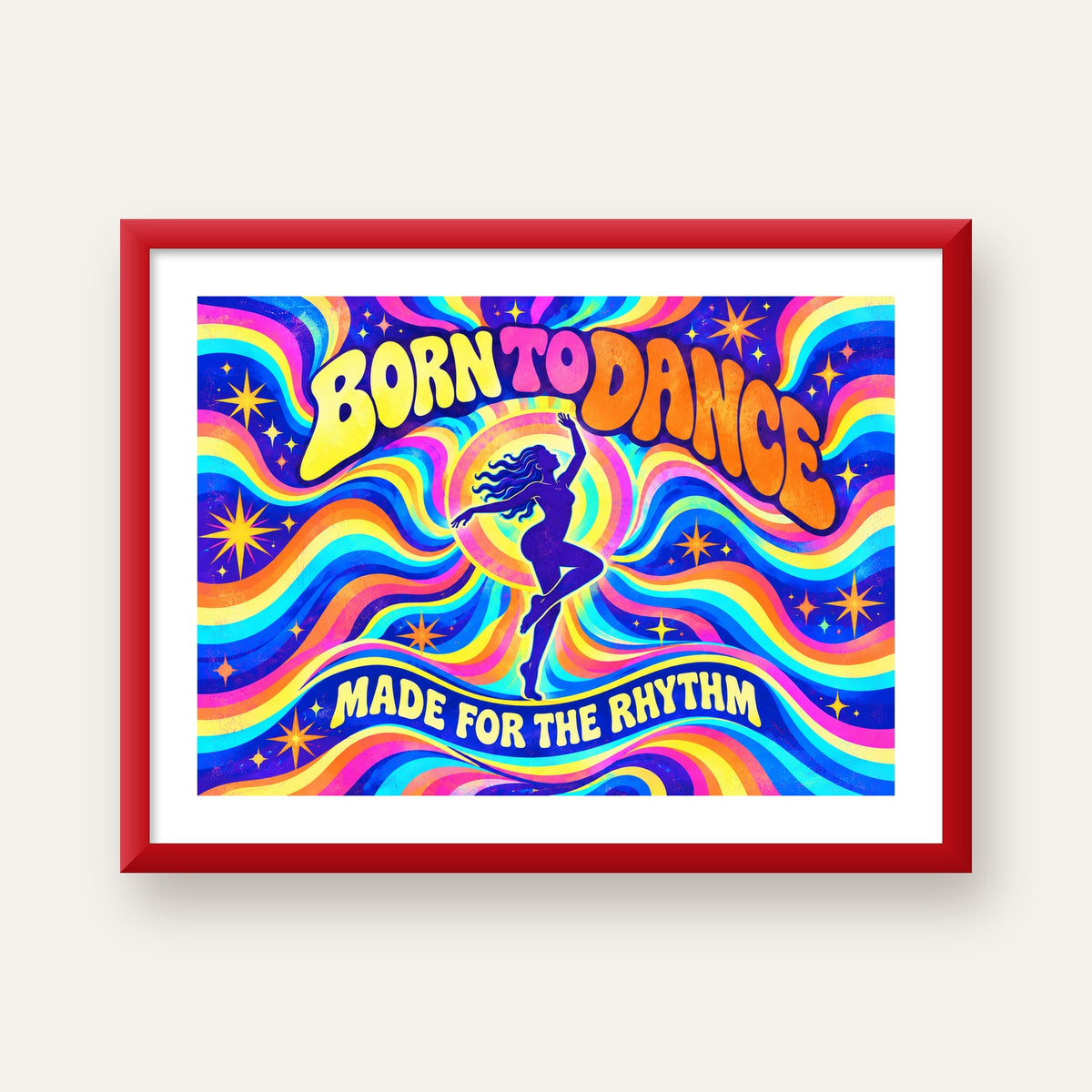 Renkli Dans Temalı Retro & Psychedelic Poster Baskı — kırmızı çerçeveli paspartulu