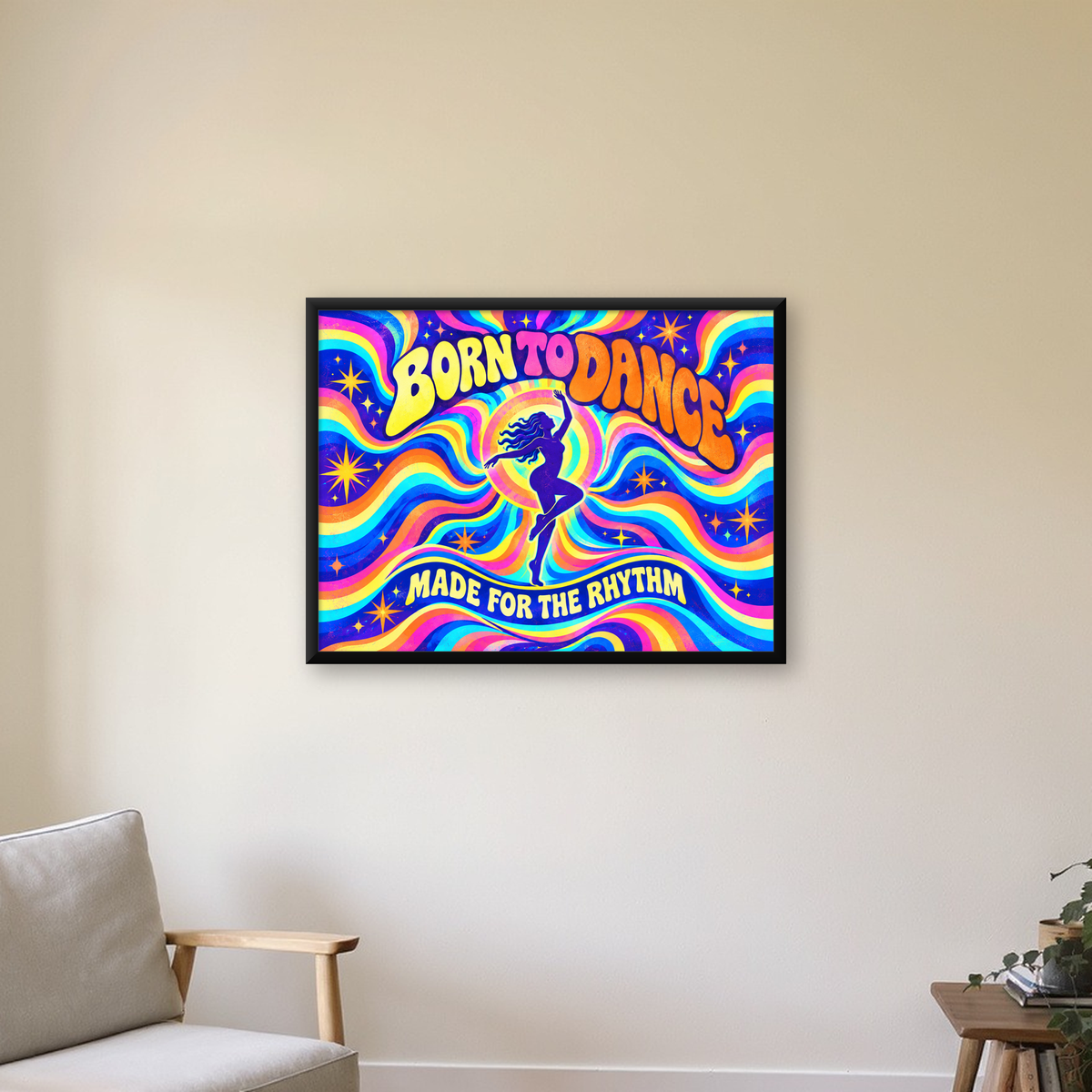Renkli Dans Temalı Retro & Psychedelic Poster Baskı — Yatay baskı, çerçeveli hâliyle bir ev duvarında