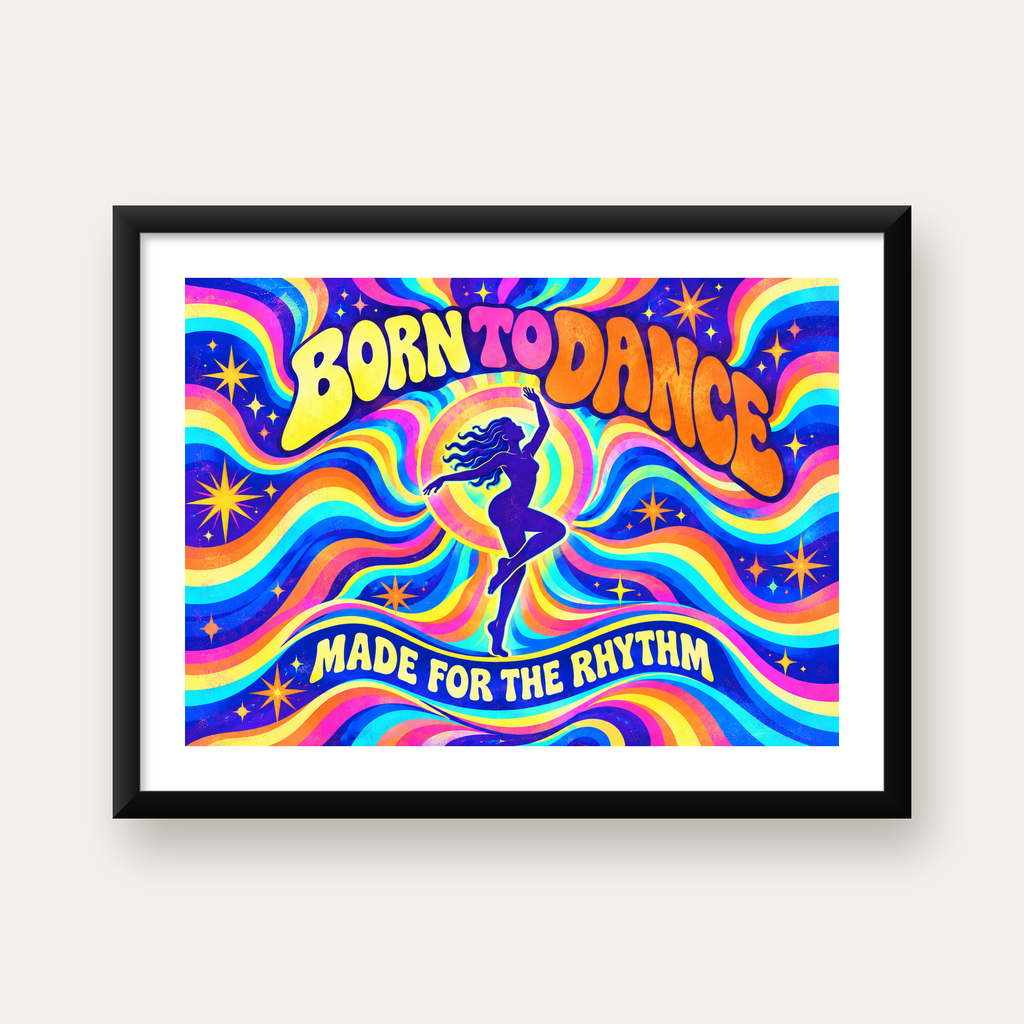 Renkli Dans Temalı Retro & Psychedelic Poster Baskı — Yatay baskı, beyaz paspartulu