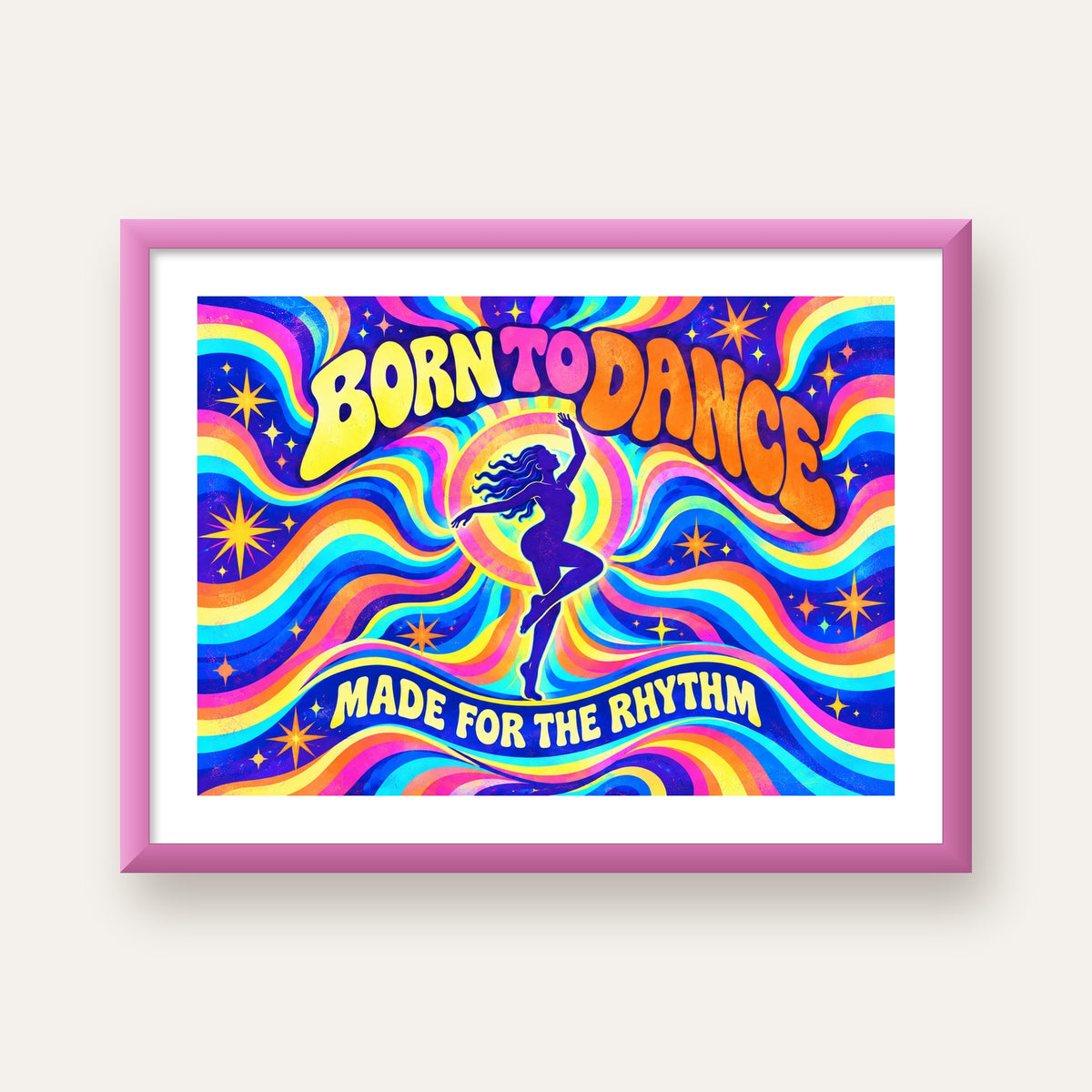 Renkli Dans Temalı Retro & Psychedelic Poster Baskı — pembe çerçeveli paspartulu
