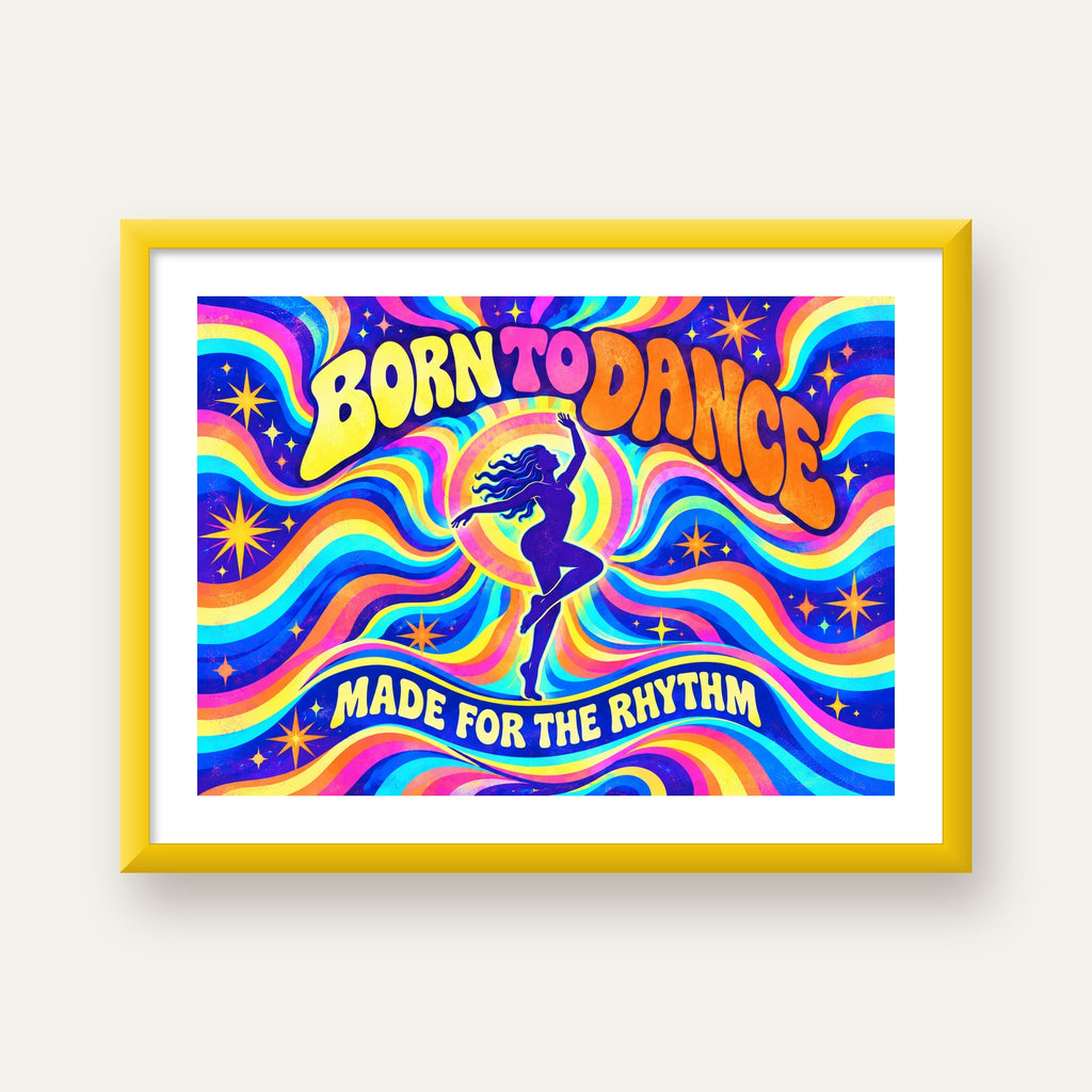 Renkli Dans Temalı Retro & Psychedelic Poster Baskı — sarı çerçeveli paspartulu