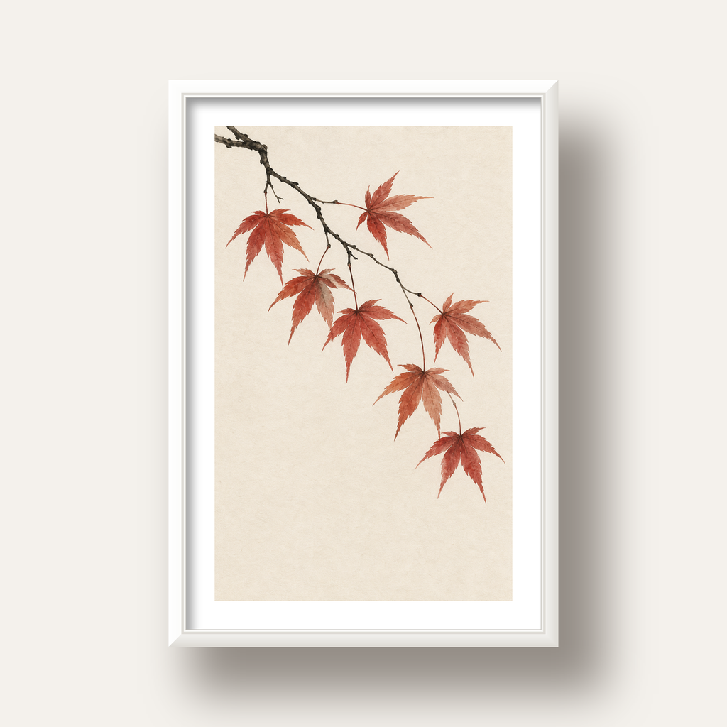 Japon Akçaağacı Dalı Poster – Minimalist Doğa Sanatı Baskı — beyaz derin çerçeveli paspartulu
