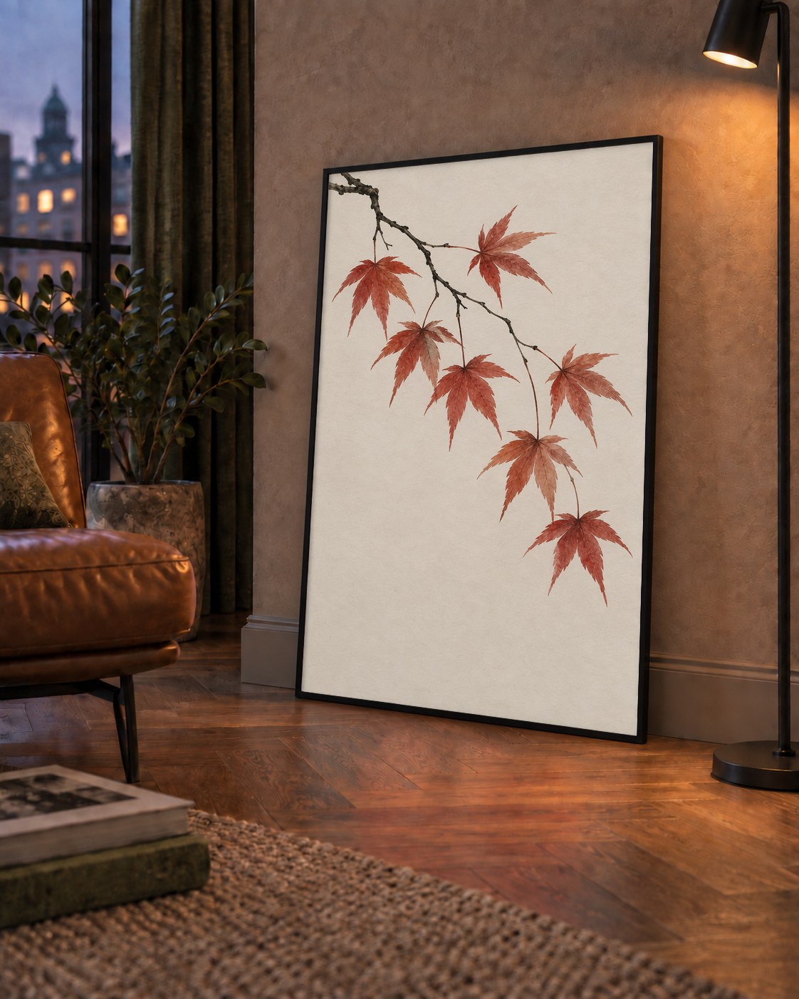Japon Akçaağacı Dalı Poster – Minimalist Doğa Sanatı Baskı — çerçeveli hâliyle bir ev duvarında