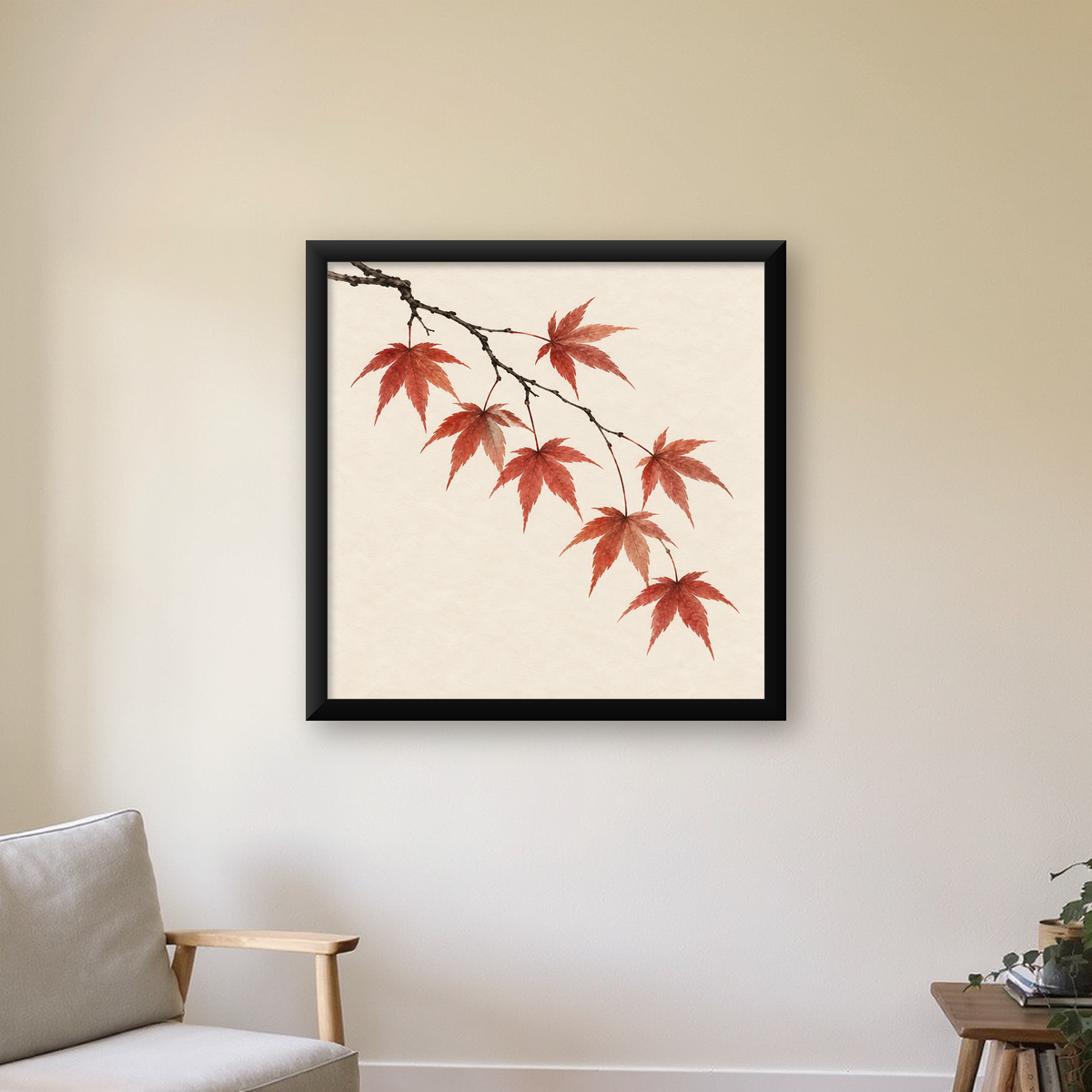 Japon Akçaağacı Dalı Poster – Minimalist Doğa Sanatı Baskı — Kare baskı, çerçeveli hâliyle bir ev duvarında