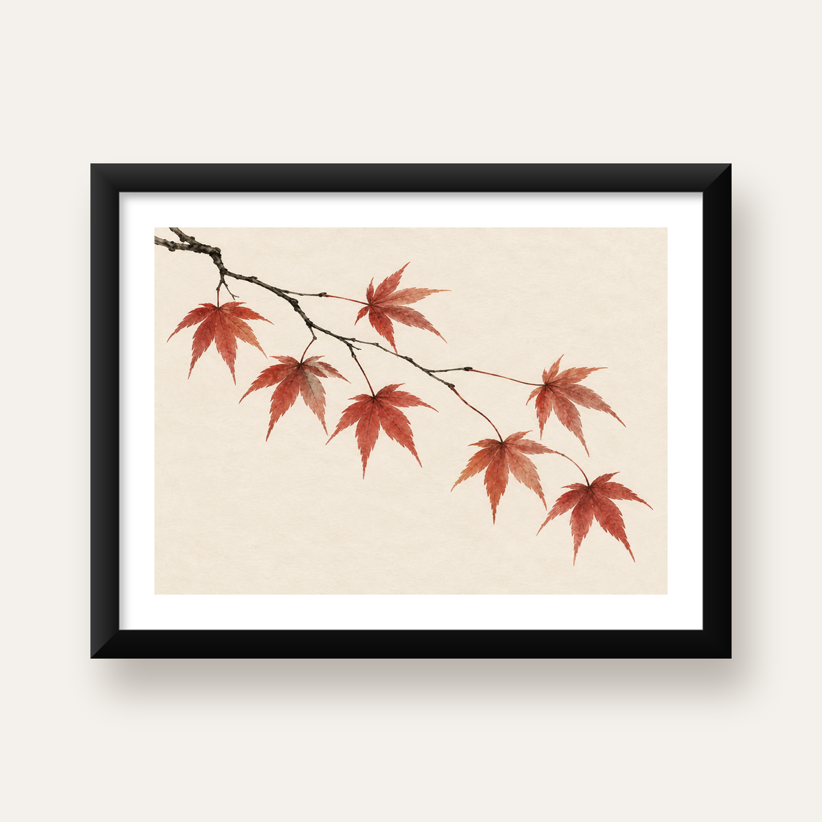 Japon Akçaağacı Dalı Poster – Minimalist Doğa Sanatı Baskı — Yatay baskı, beyaz paspartulu