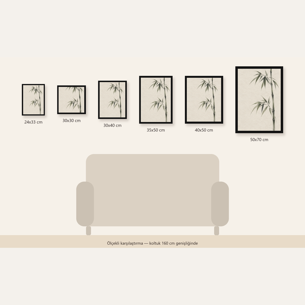 Minimalist Bambu Bitki Posteri – Suluboya Doğal Duvar Dekoru — Dikey ölçülerinin karşılaştırması