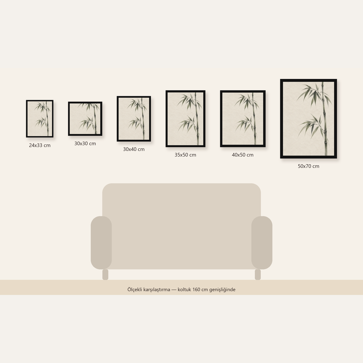 Minimalist Bambu Bitki Posteri – Suluboya Doğal Duvar Dekoru — Dikey ölçülerinin karşılaştırması
