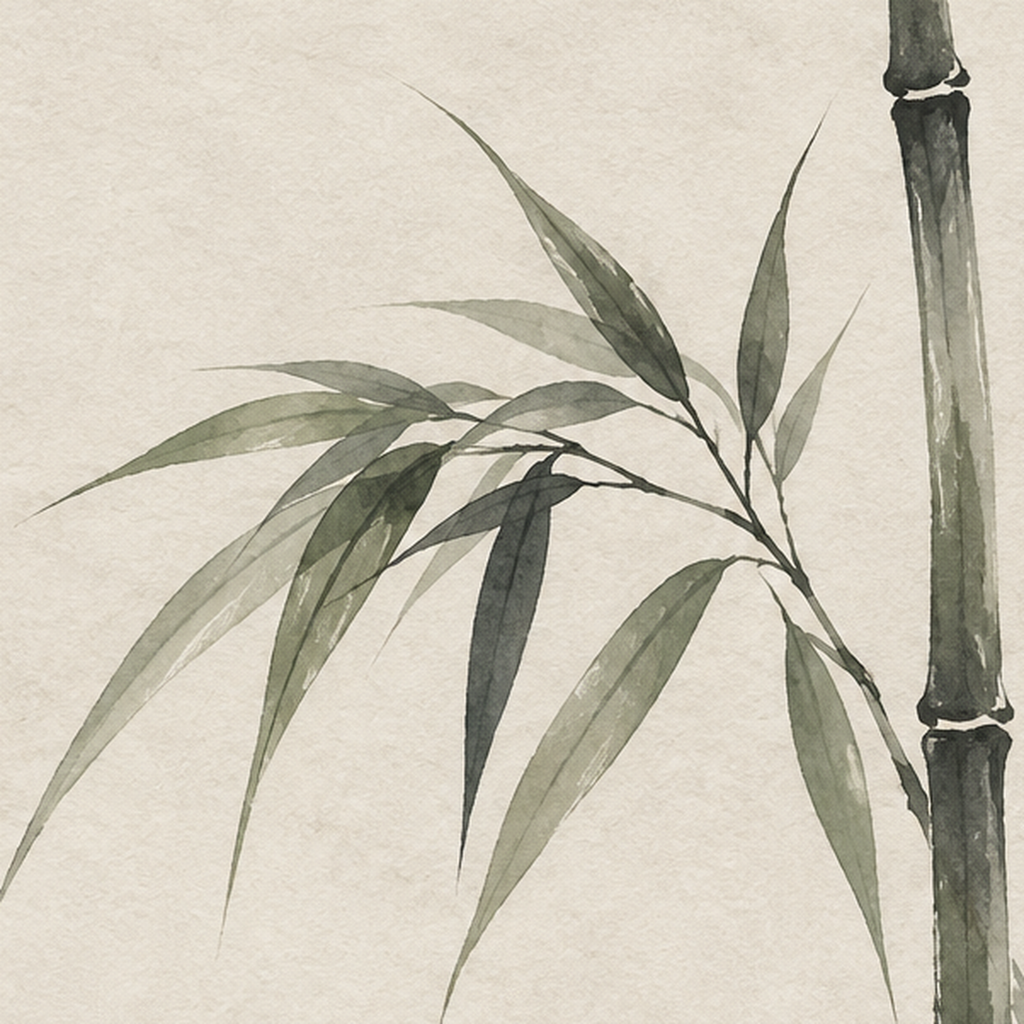 Minimalist Bambu Bitki Posteri – Suluboya Doğal Duvar Dekoru — baskının yakın çekimi, kâğıt dokusu ve renk detayı