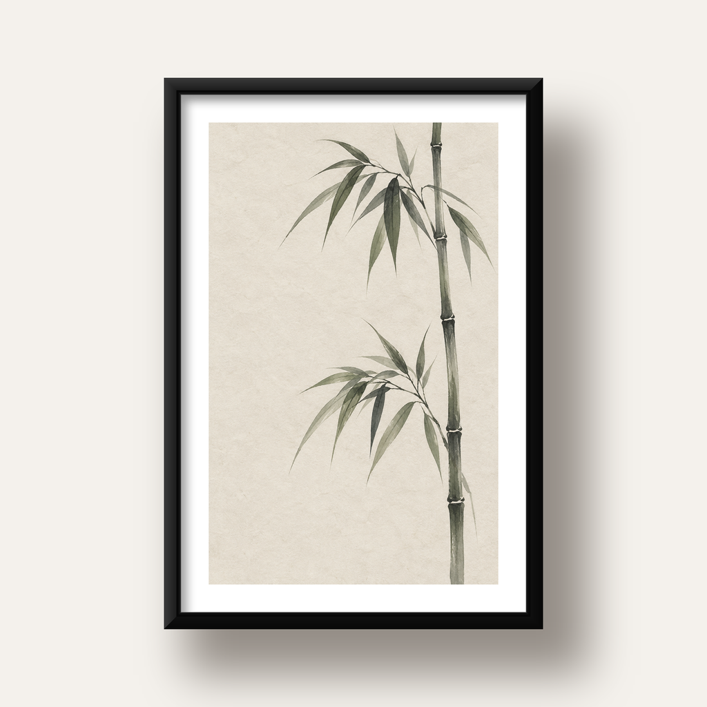 Minimalist Bambu Bitki Posteri – Suluboya Doğal Duvar Dekoru — siyah derin çerçeveli paspartulu