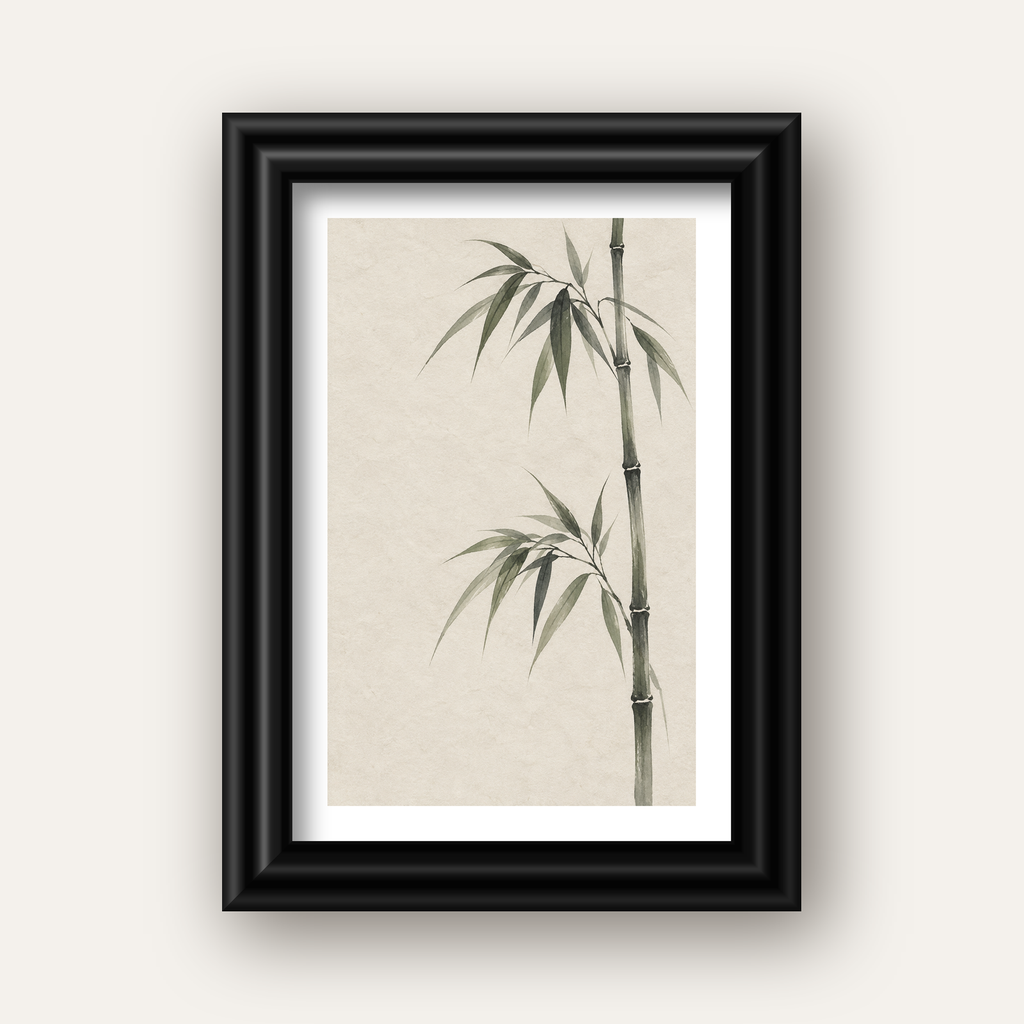 Minimalist Bambu Bitki Posteri – Suluboya Doğal Duvar Dekoru — siyah galeri çerçeveli paspartulu