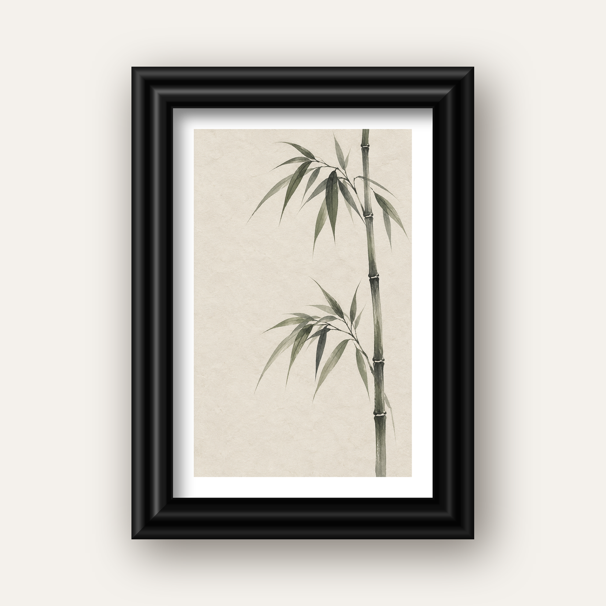 Minimalist Bambu Bitki Posteri – Suluboya Doğal Duvar Dekoru — siyah galeri çerçeveli paspartulu