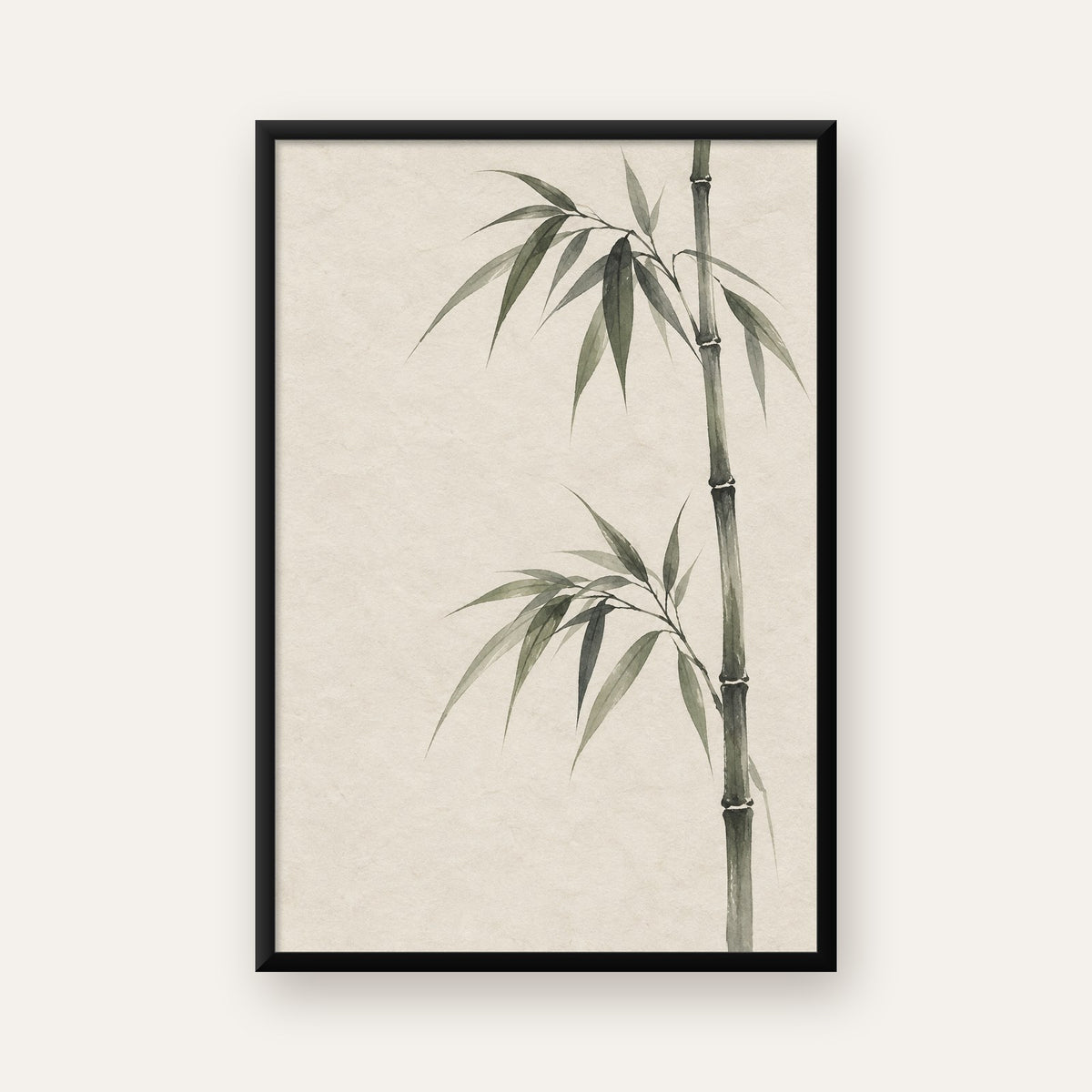 Minimalist Bambu Bitki Posteri – Suluboya Doğal Duvar Dekoru — Dikey baskı, düz siyah çerçeveli duvar posteri