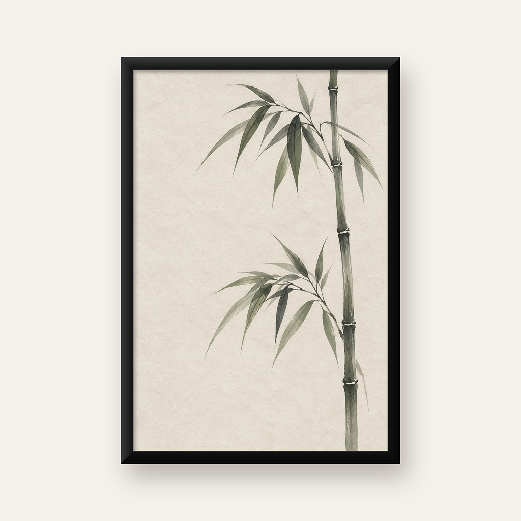 Minimalist Bambu Bitki Posteri – Suluboya Doğal Duvar Dekoru — Dikey baskı, düz siyah çerçeveli duvar posteri