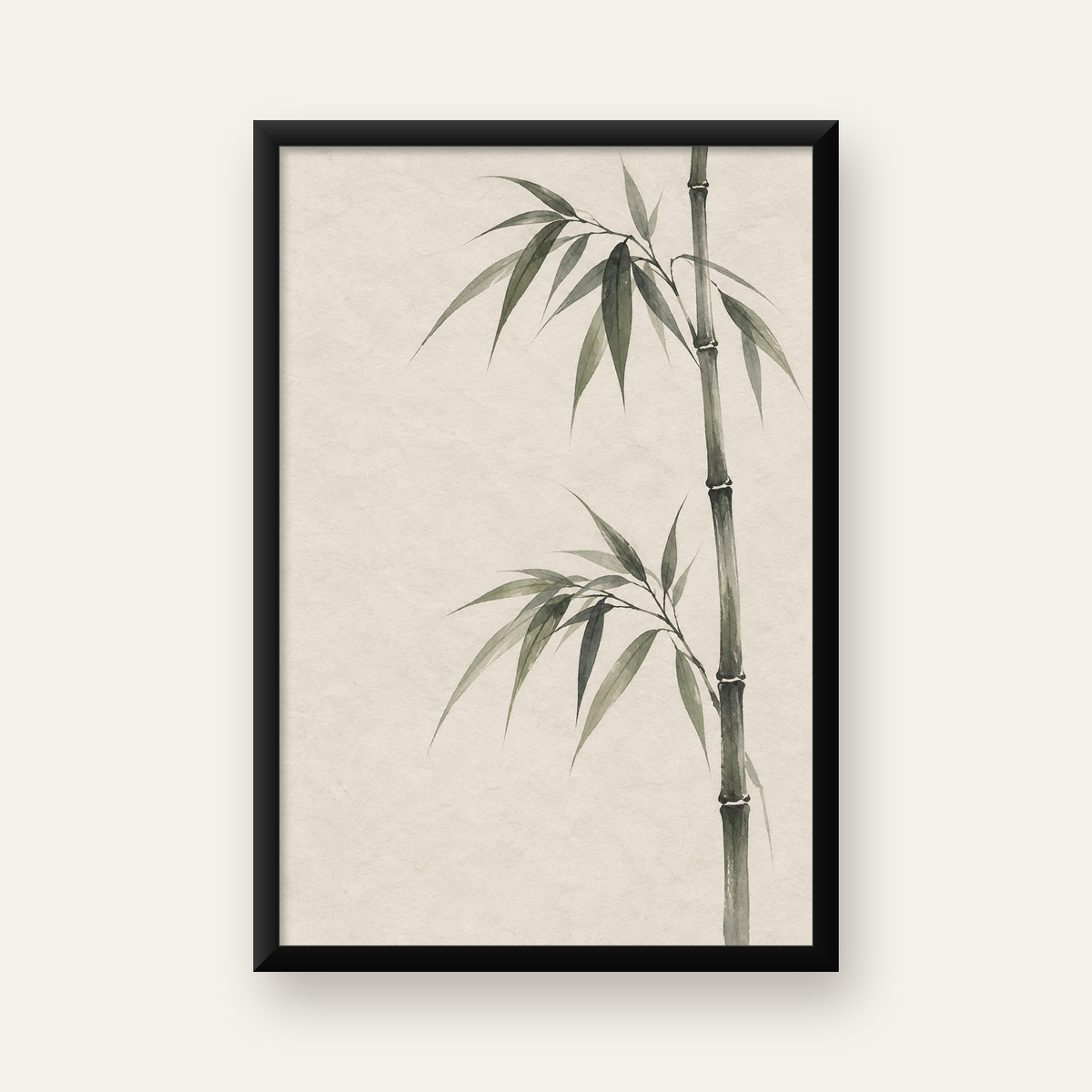 Minimalist Bambu Bitki Posteri – Suluboya Doğal Duvar Dekoru — Dikey baskı, düz siyah çerçeveli duvar posteri