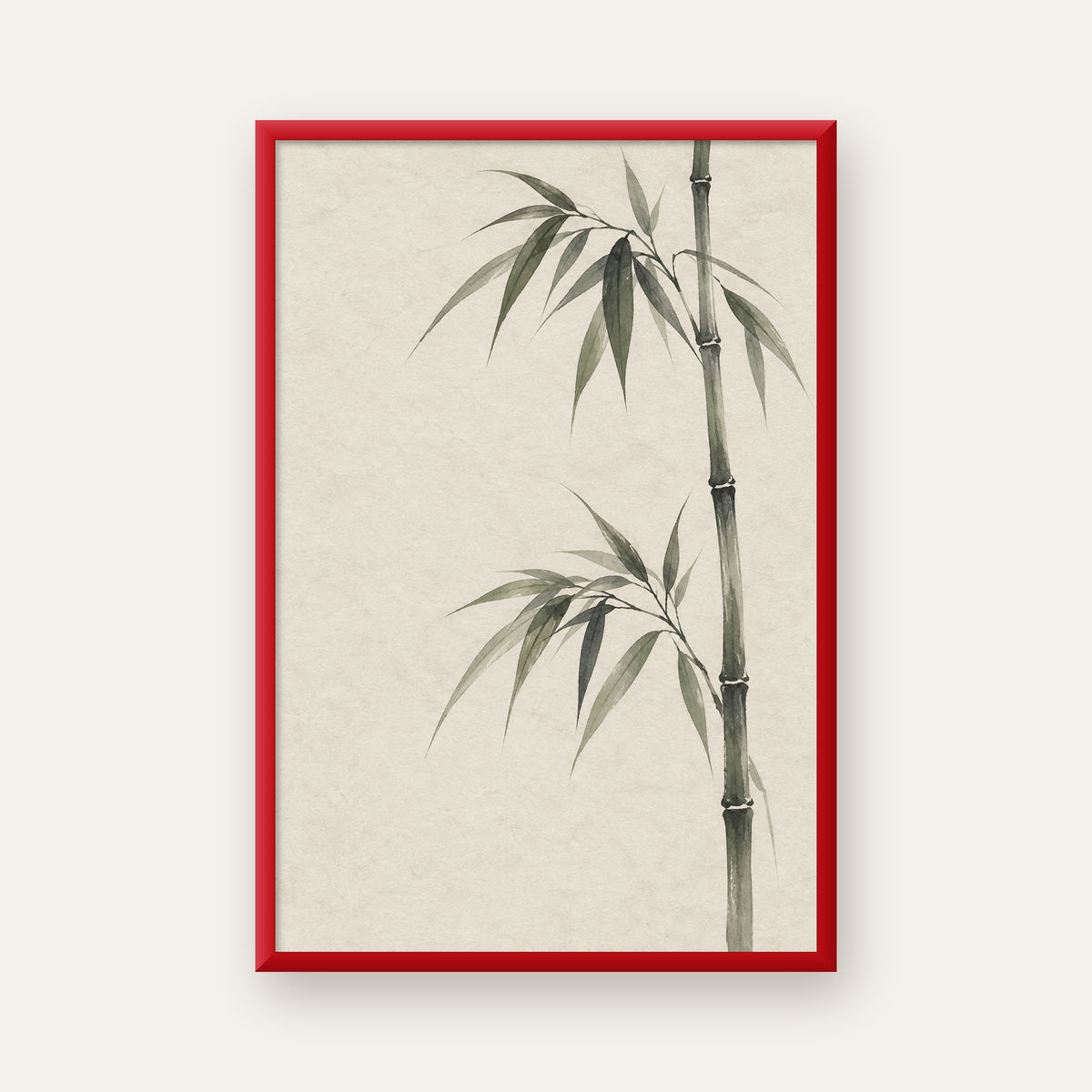 Minimalist Bambu Bitki Posteri – Suluboya Doğal Duvar Dekoru — kırmızı çerçeveli