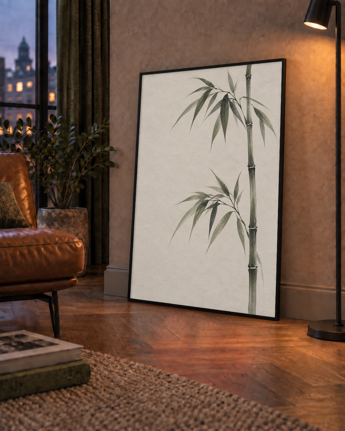 Minimalist Bambu Bitki Posteri – Suluboya Doğal Duvar Dekoru — çerçeveli hâliyle bir ev duvarında