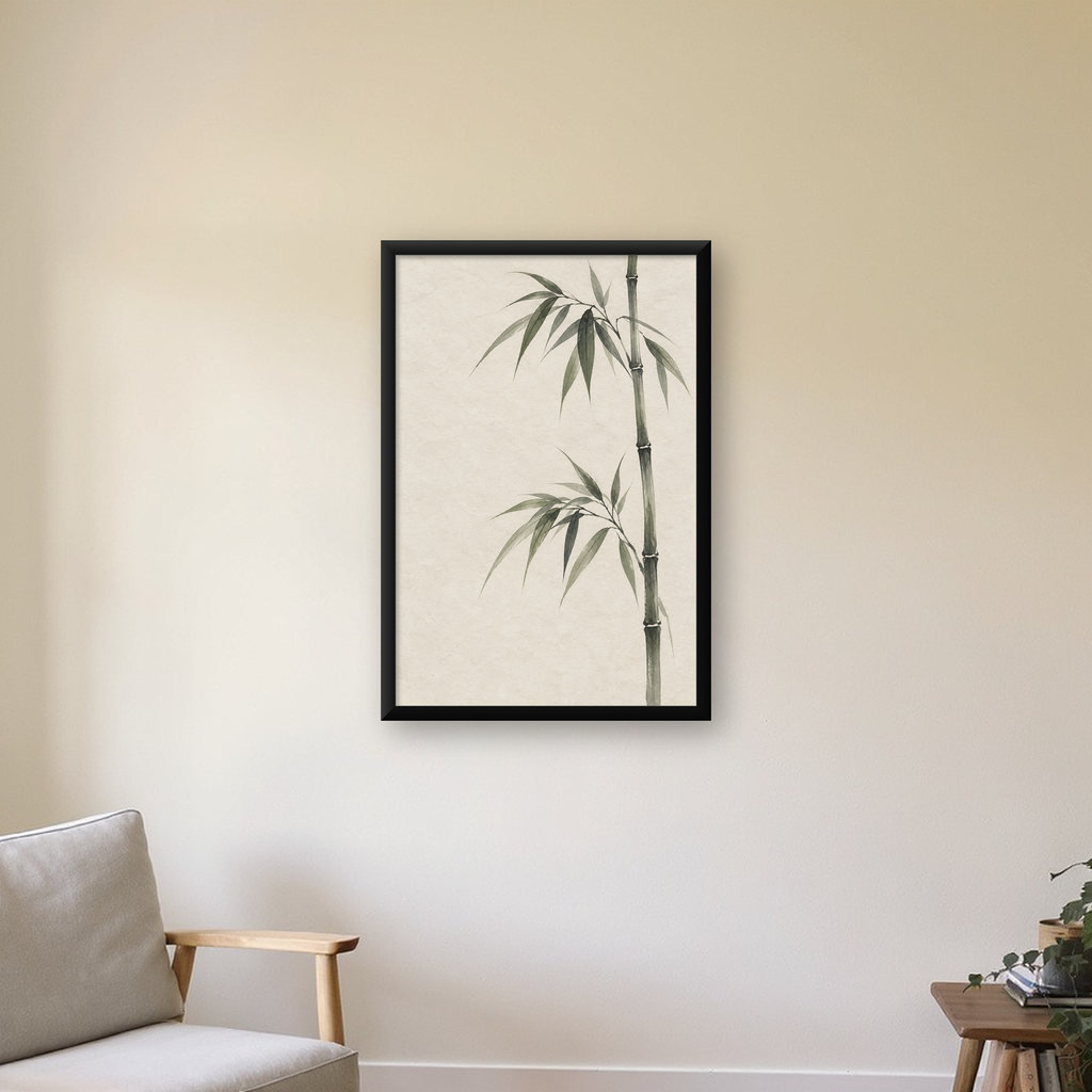 Minimalist Bambu Bitki Posteri – Suluboya Doğal Duvar Dekoru — Dikey baskı, çerçeveli hâliyle bir ev duvarında