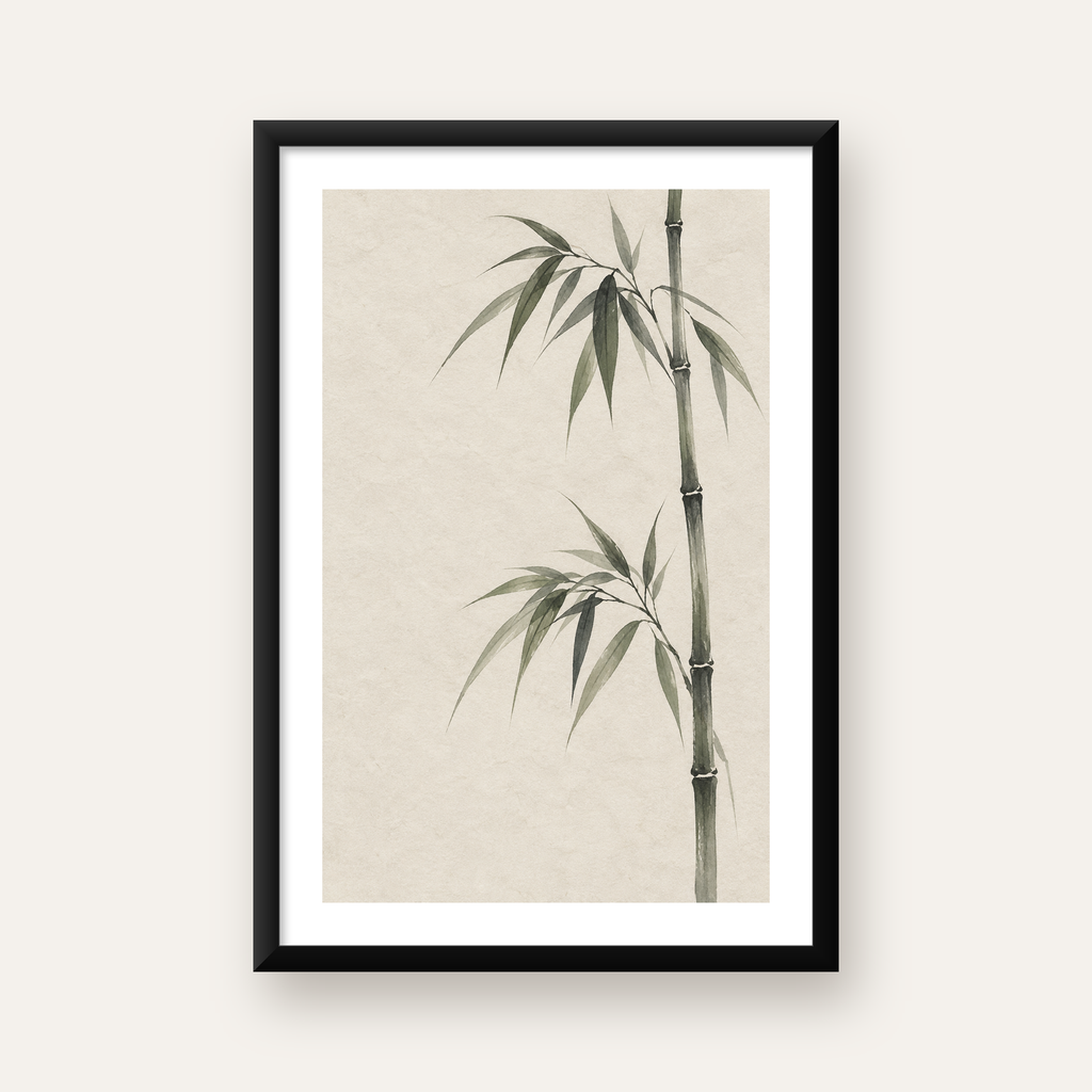Minimalist Bambu Bitki Posteri – Suluboya Doğal Duvar Dekoru — Dikey baskı, beyaz paspartulu