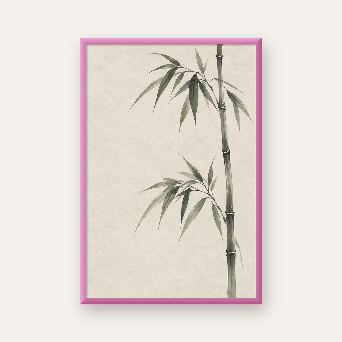 Minimalist Bambu Bitki Posteri – Suluboya Doğal Duvar Dekoru — pembe çerçeveli