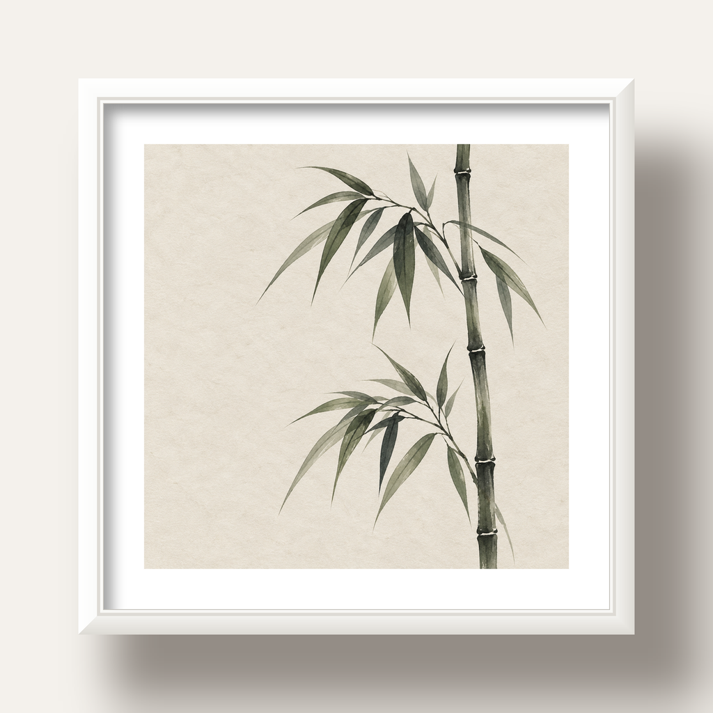 Minimalist Bambu Bitki Posteri – Suluboya Doğal Duvar Dekoru — beyaz derin çerçeveli paspartulu