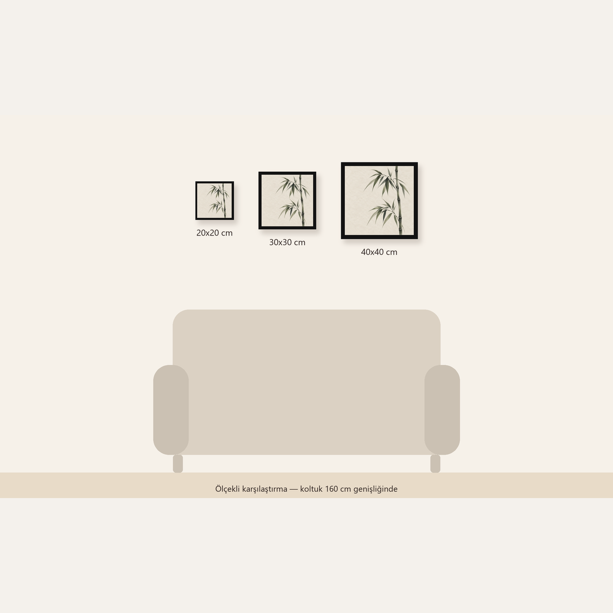 Minimalist Bambu Bitki Posteri – Suluboya Doğal Duvar Dekoru — Kare ölçülerinin karşılaştırması