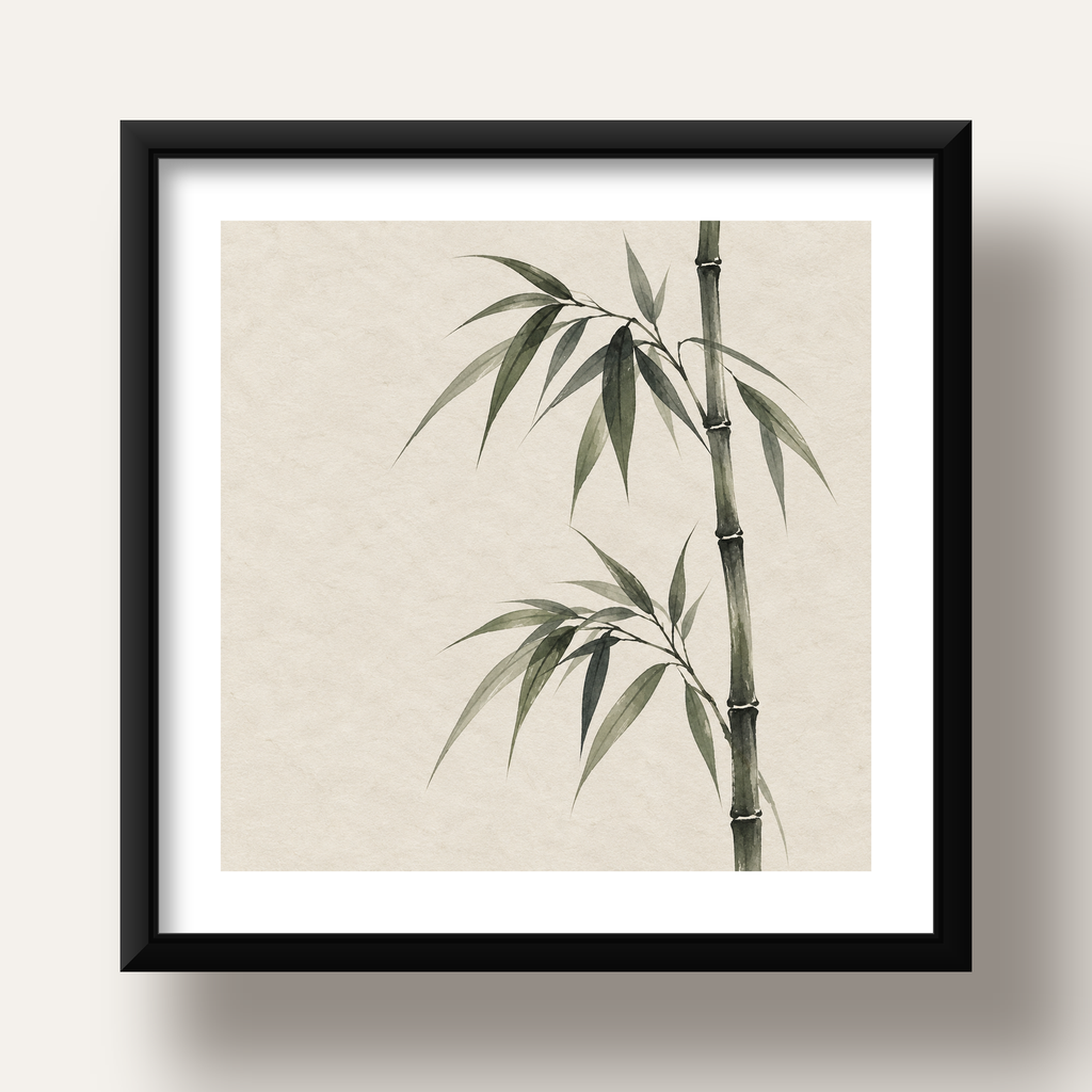 Minimalist Bambu Bitki Posteri – Suluboya Doğal Duvar Dekoru — siyah derin çerçeveli paspartulu