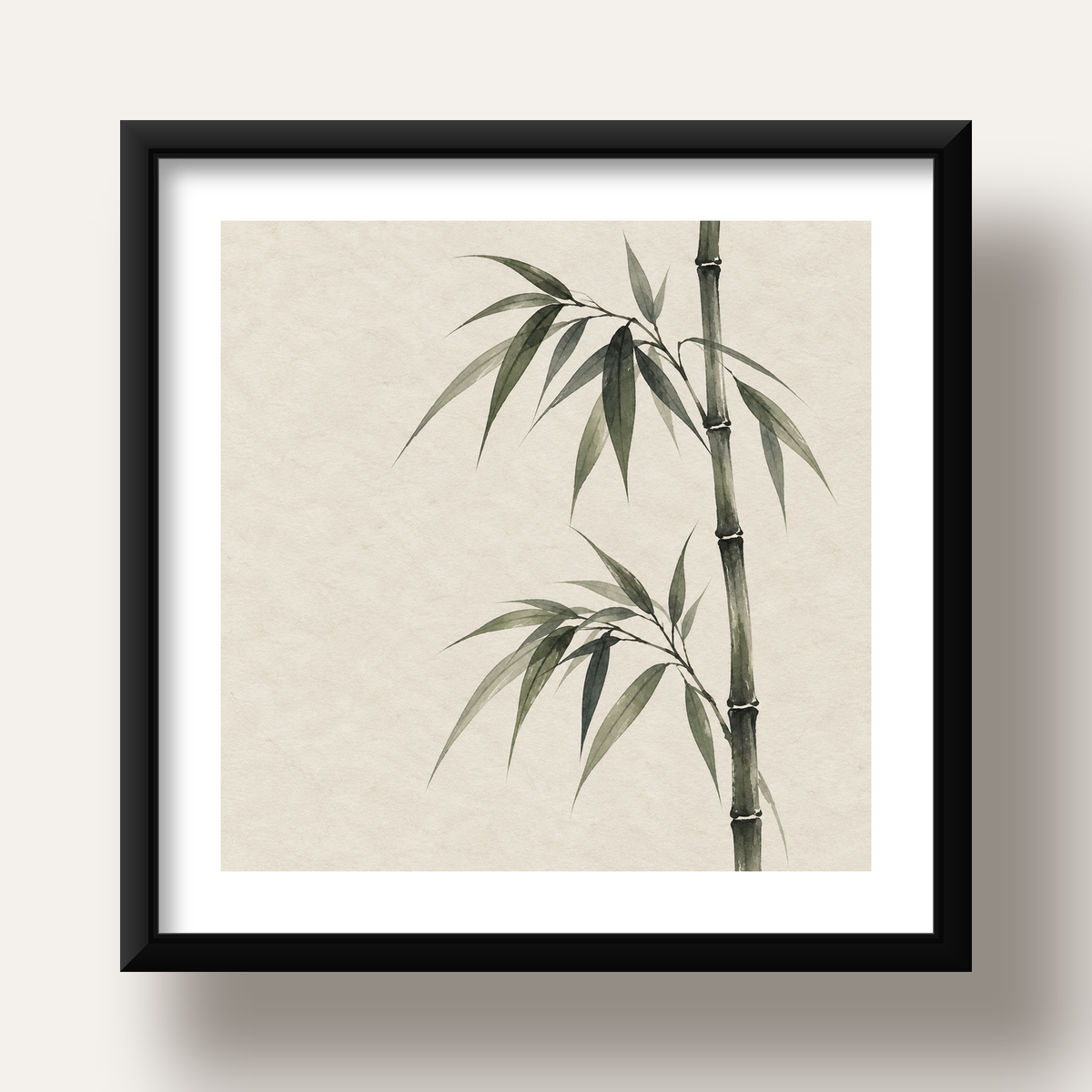 Minimalist Bambu Bitki Posteri – Suluboya Doğal Duvar Dekoru — siyah derin çerçeveli paspartulu