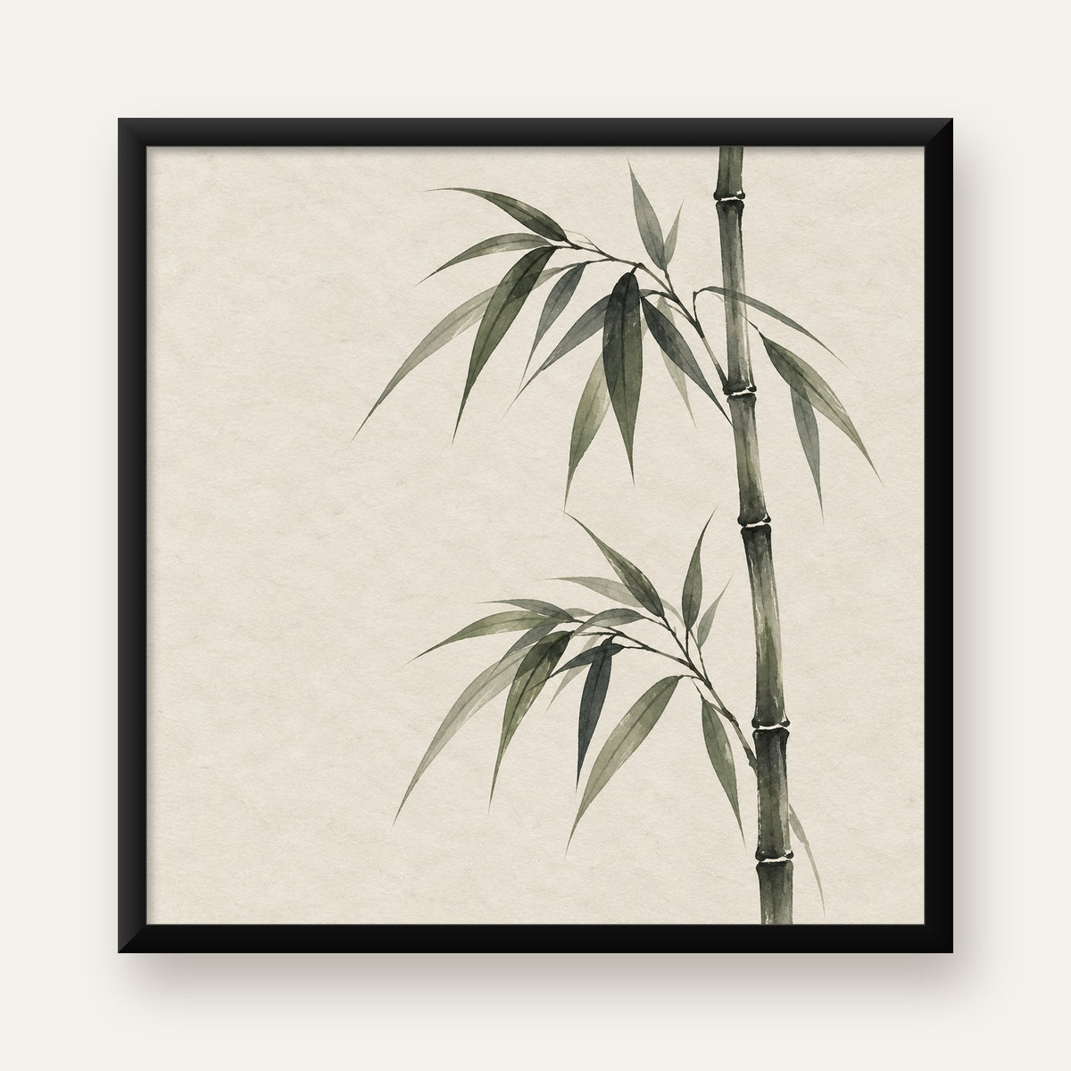 Minimalist Bambu Bitki Posteri – Suluboya Doğal Duvar Dekoru — Kare baskı, düz siyah çerçeveli duvar posteri
