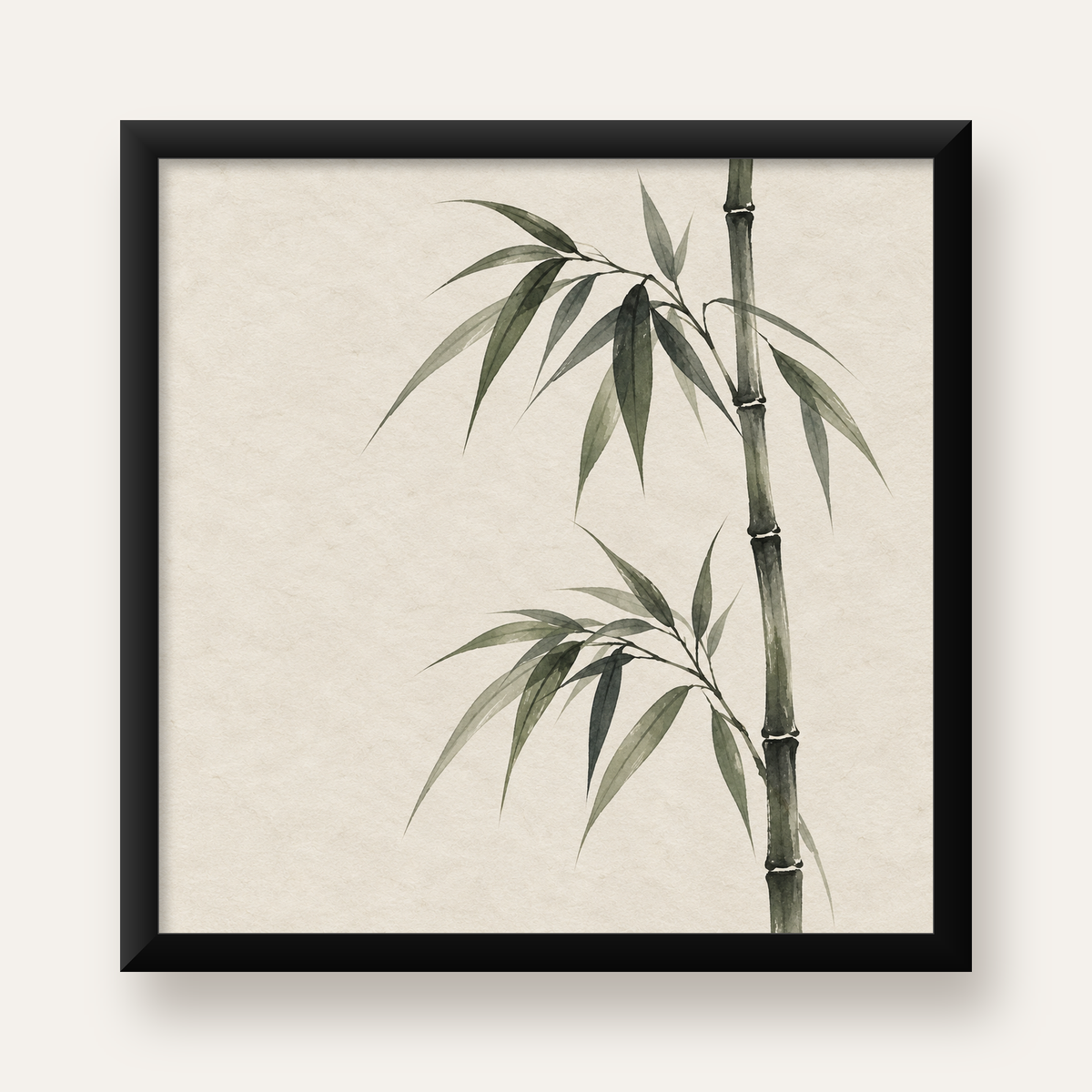 Minimalist Bambu Bitki Posteri – Suluboya Doğal Duvar Dekoru — Kare baskı, düz siyah çerçeveli duvar posteri