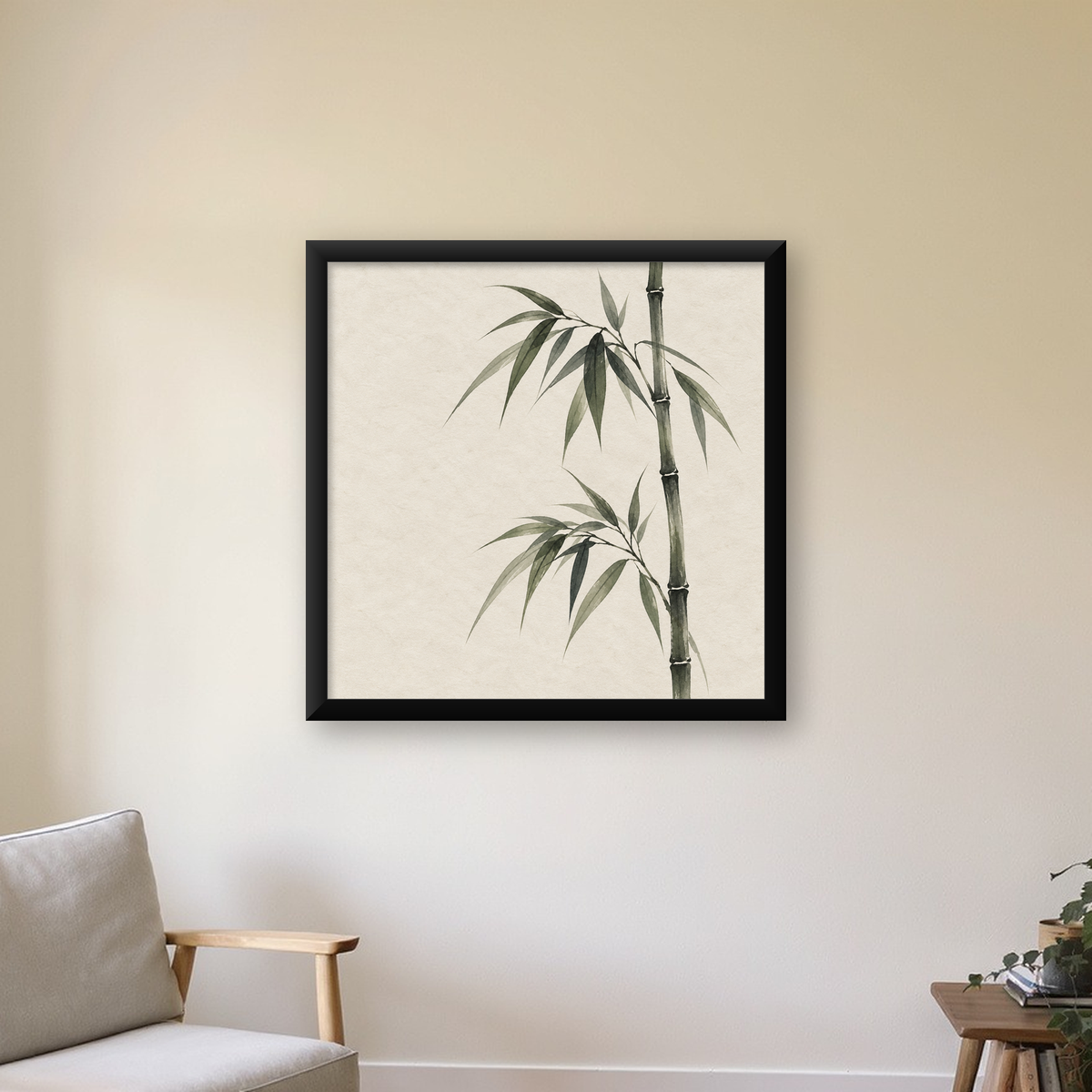 Minimalist Bambu Bitki Posteri – Suluboya Doğal Duvar Dekoru — Kare baskı, çerçeveli hâliyle bir ev duvarında