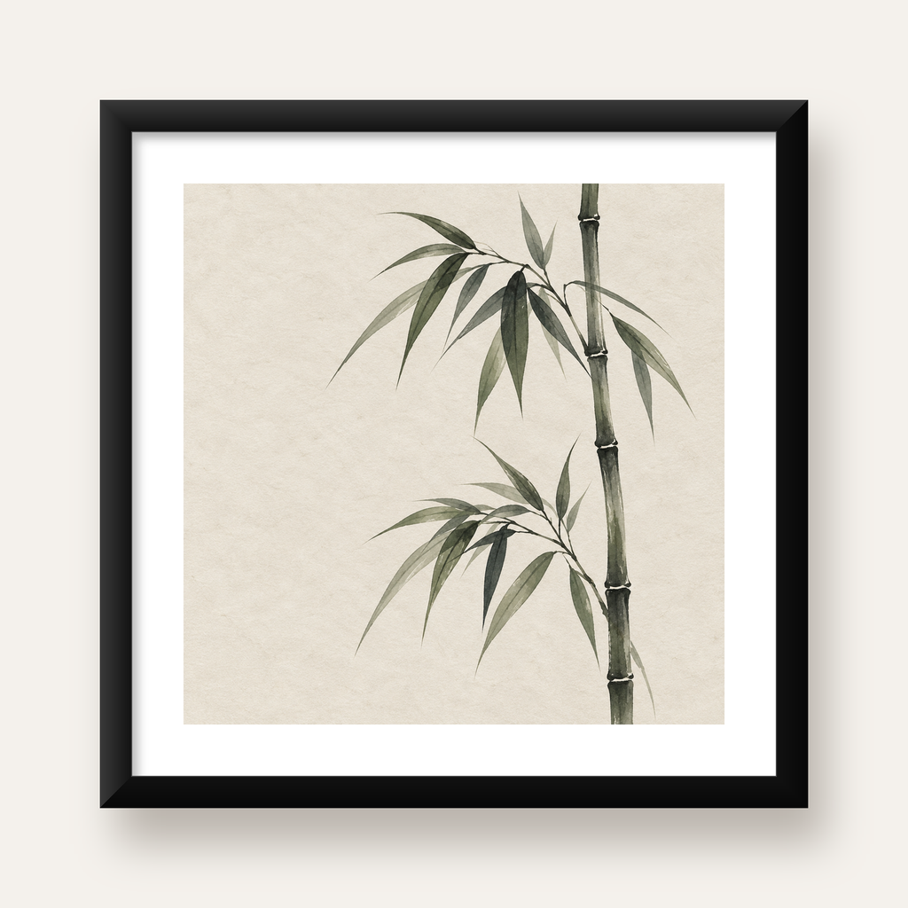 Minimalist Bambu Bitki Posteri – Suluboya Doğal Duvar Dekoru — Kare baskı, beyaz paspartulu