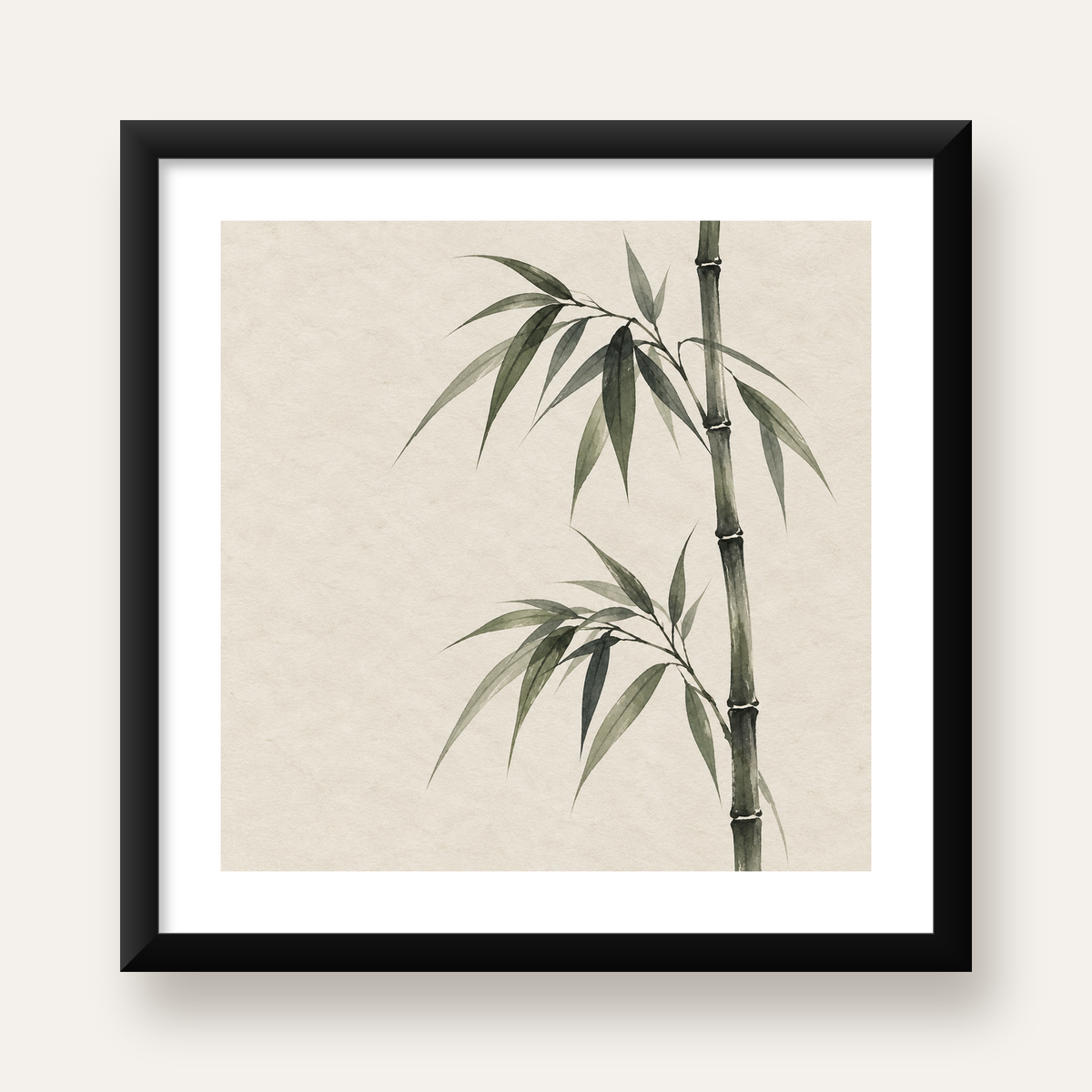 Minimalist Bambu Bitki Posteri – Suluboya Doğal Duvar Dekoru — Kare baskı, beyaz paspartulu