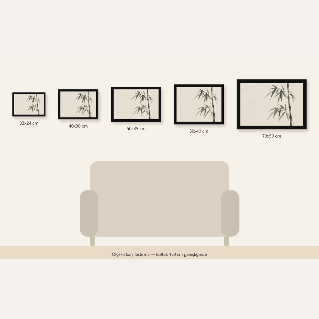 Minimalist Bambu Bitki Posteri – Suluboya Doğal Duvar Dekoru — Yatay ölçülerinin karşılaştırması