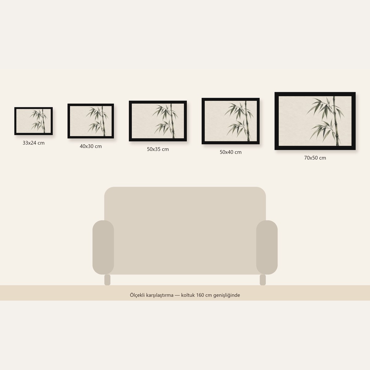 Minimalist Bambu Bitki Posteri – Suluboya Doğal Duvar Dekoru — Yatay ölçülerinin karşılaştırması