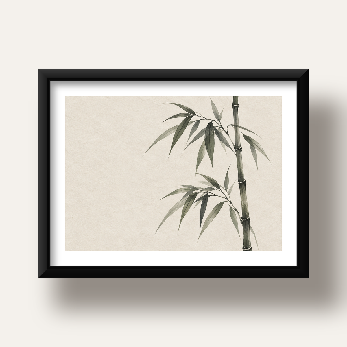 Minimalist Bambu Bitki Posteri – Suluboya Doğal Duvar Dekoru — siyah derin çerçeveli paspartulu