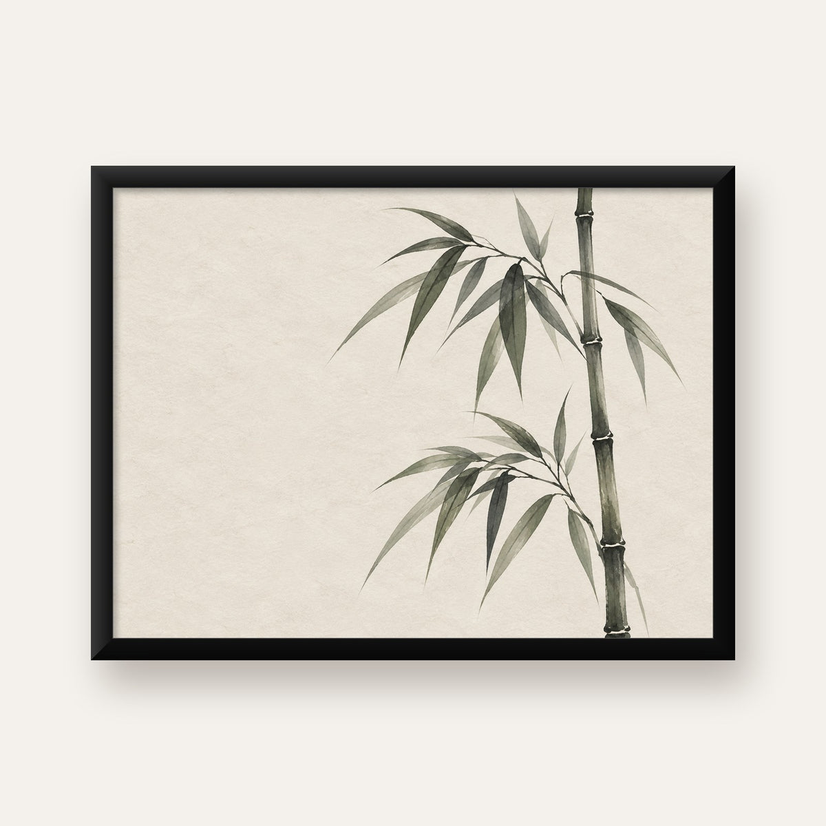 Minimalist Bambu Bitki Posteri – Suluboya Doğal Duvar Dekoru — Yatay baskı, düz siyah çerçeveli duvar posteri