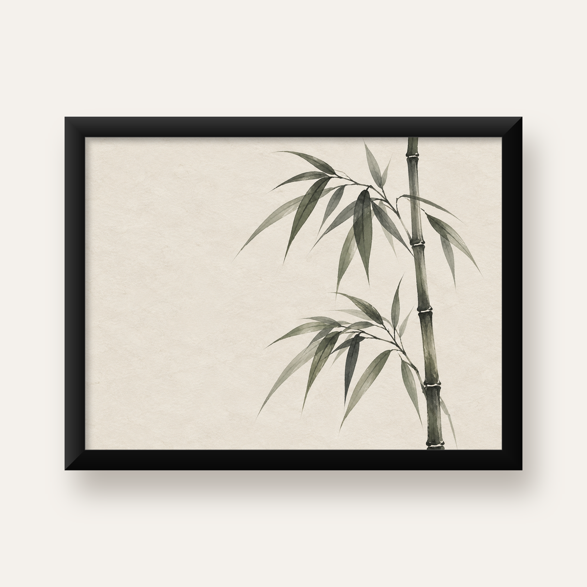 Minimalist Bambu Bitki Posteri – Suluboya Doğal Duvar Dekoru — Yatay baskı, düz siyah çerçeveli duvar posteri