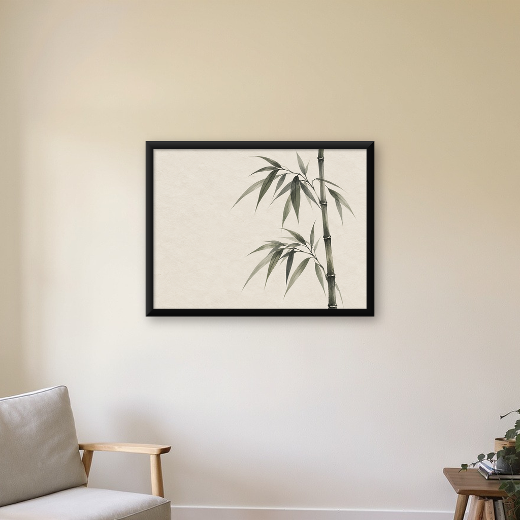 Minimalist Bambu Bitki Posteri – Suluboya Doğal Duvar Dekoru — Yatay baskı, çerçeveli hâliyle bir ev duvarında