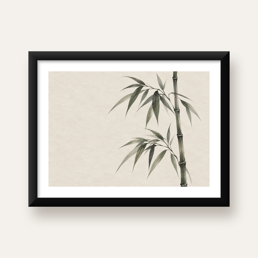Minimalist Bambu Bitki Posteri – Suluboya Doğal Duvar Dekoru — Yatay baskı, beyaz paspartulu
