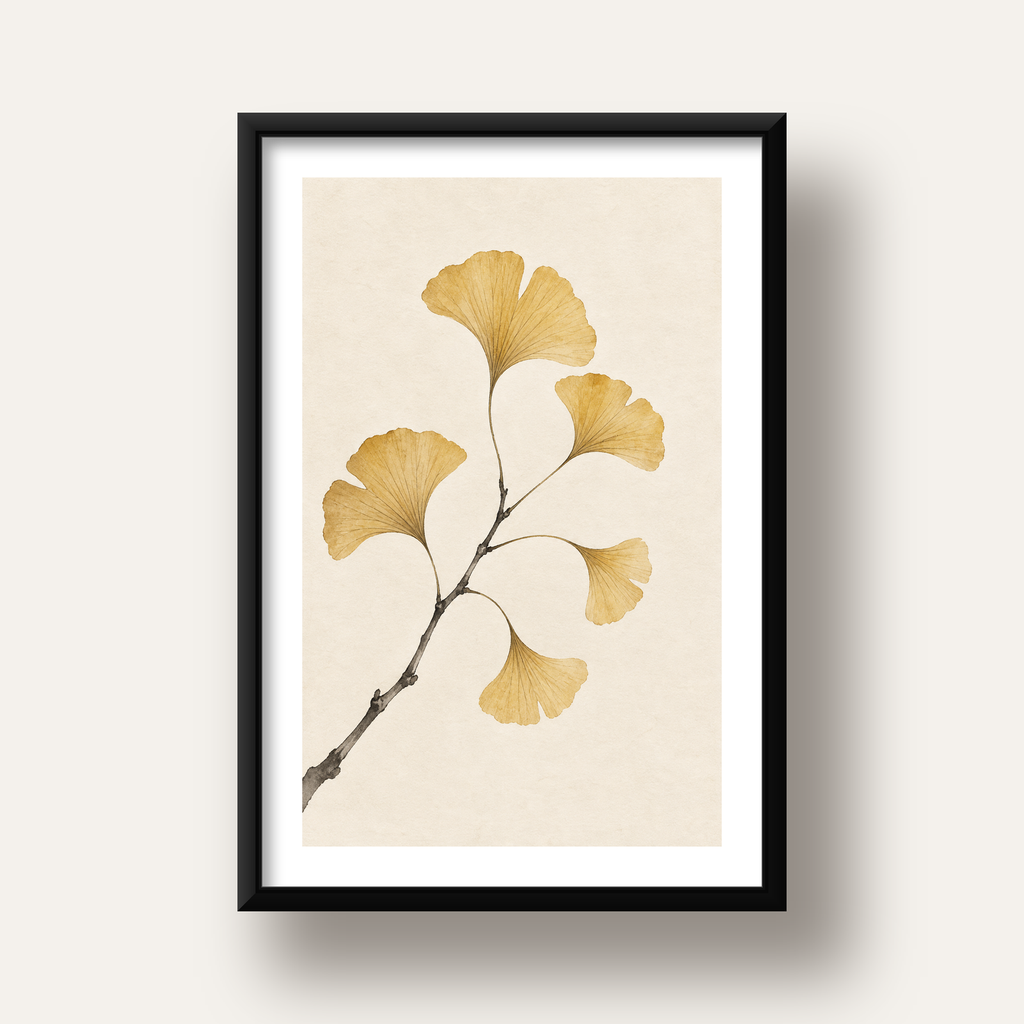 Ginkgo Yaprağı Akvarel Poster – Minimal & Zarif Duvar Sanatı — siyah derin çerçeveli paspartulu