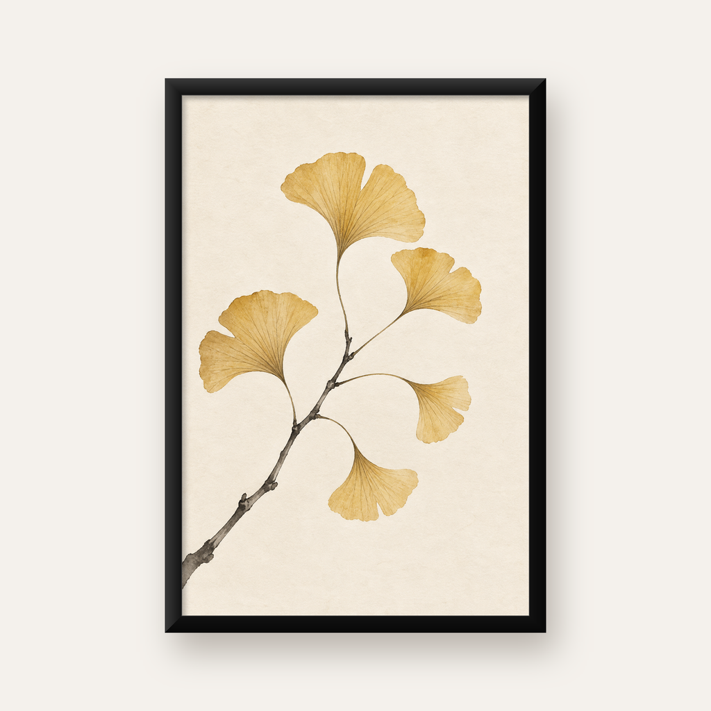Ginkgo Yaprağı Akvarel Poster – Minimal & Zarif Duvar Sanatı — Dikey baskı, düz siyah çerçeveli duvar posteri