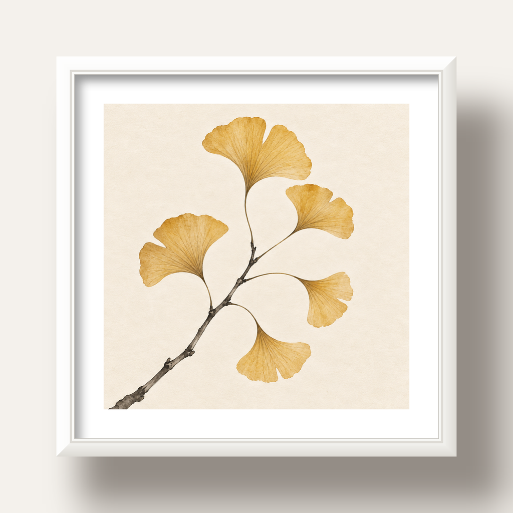 Ginkgo Yaprağı Akvarel Poster – Minimal & Zarif Duvar Sanatı — beyaz derin çerçeveli paspartulu