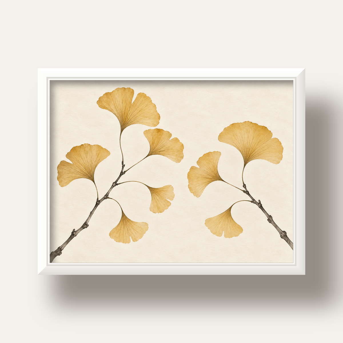 Ginkgo Yaprağı Akvarel Poster – Minimal & Zarif Duvar Sanatı — beyaz derin çerçeveli