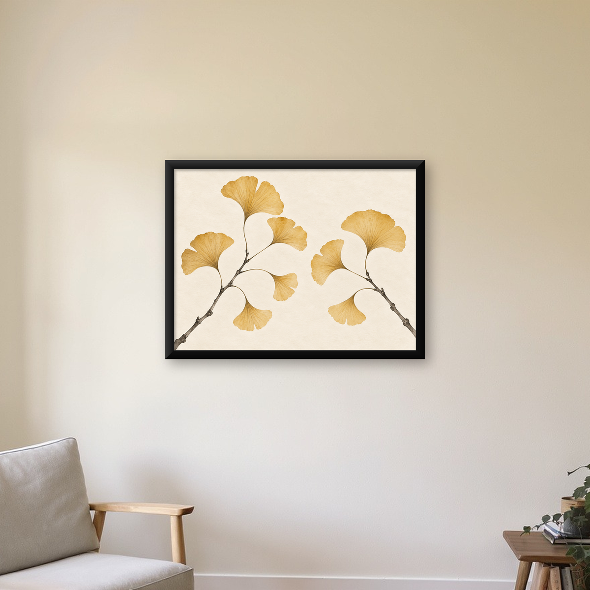 Ginkgo Yaprağı Akvarel Poster – Minimal & Zarif Duvar Sanatı — Yatay baskı, çerçeveli hâliyle bir ev duvarında