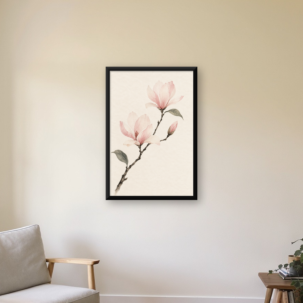 Suluboya Pembe Manolya Dalı Poster – Zarif Çiçek Sanatı — Dikey baskı, çerçeveli hâliyle bir ev duvarında