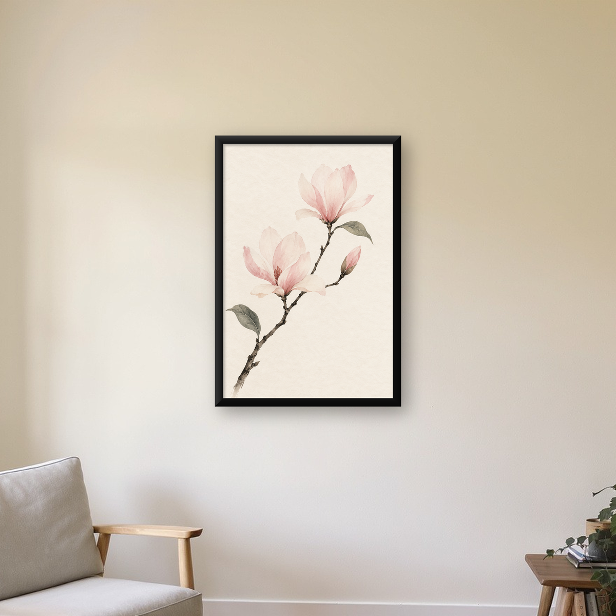 Suluboya Pembe Manolya Dalı Poster – Zarif Çiçek Sanatı — Dikey baskı, çerçeveli hâliyle bir ev duvarında