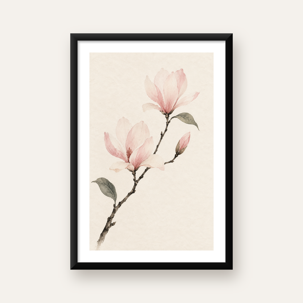 Suluboya Pembe Manolya Dalı Poster – Zarif Çiçek Sanatı — Dikey baskı, beyaz paspartulu