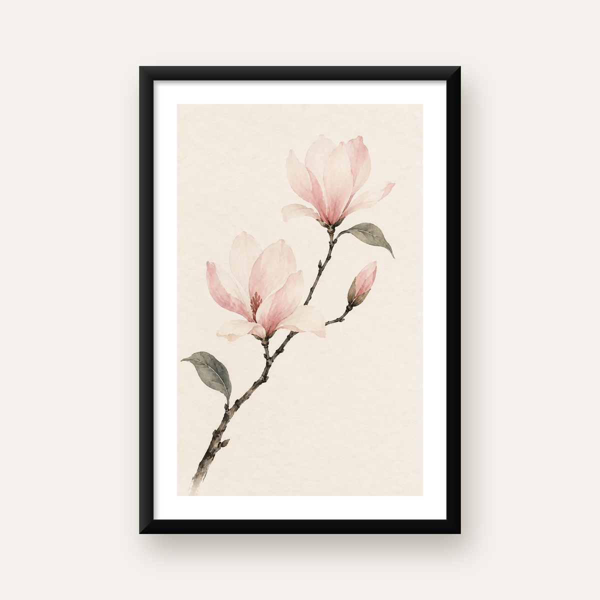 Suluboya Pembe Manolya Dalı Poster – Zarif Çiçek Sanatı — Dikey baskı, beyaz paspartulu