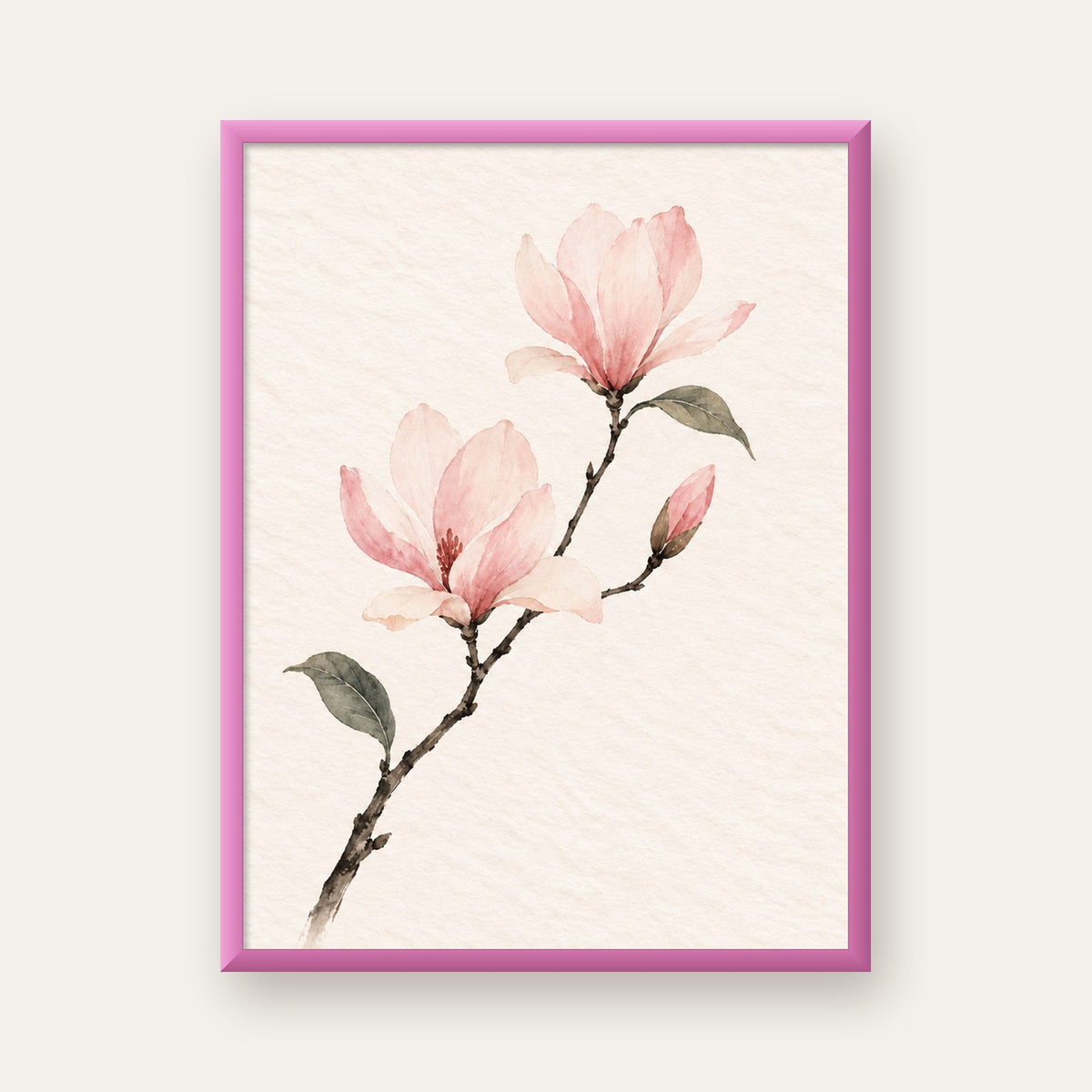 Suluboya Pembe Manolya Dalı Poster – Zarif Çiçek Sanatı — pembe çerçeveli