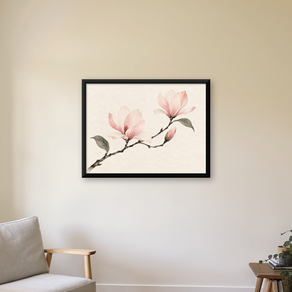Suluboya Pembe Manolya Dalı Poster – Zarif Çiçek Sanatı — Yatay baskı, çerçeveli hâliyle bir ev duvarında